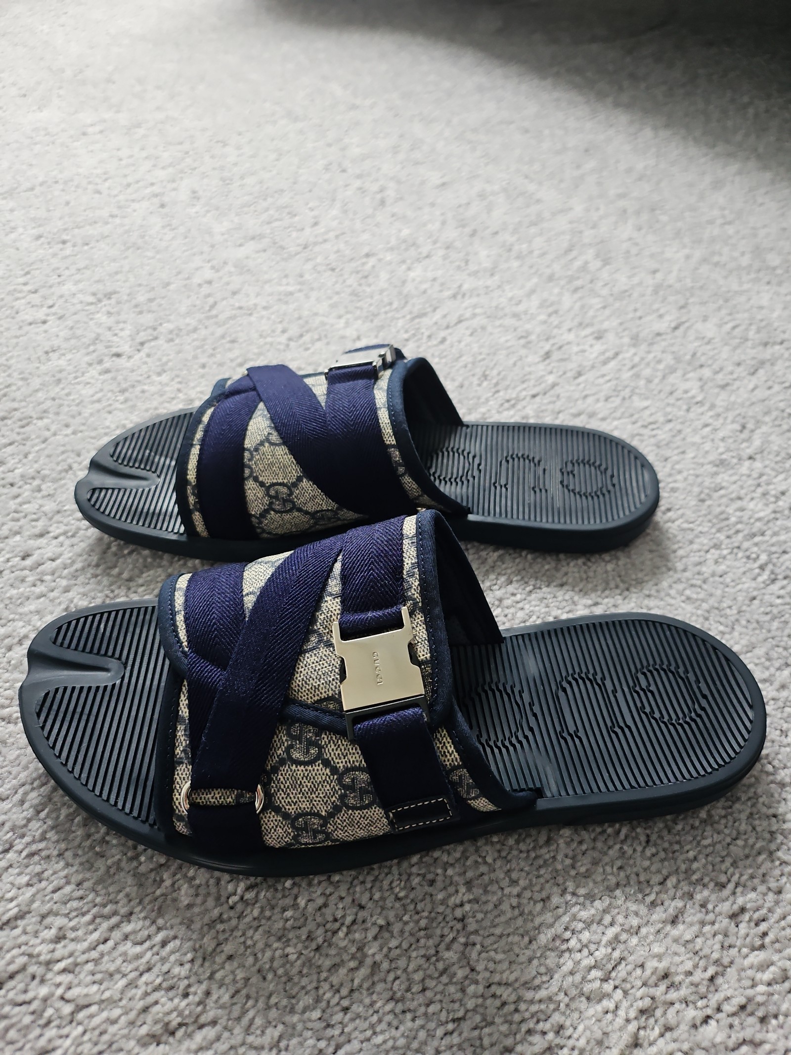 Mens GUCCI GG Navy Blue Slides Sandals Buckle | Mercari