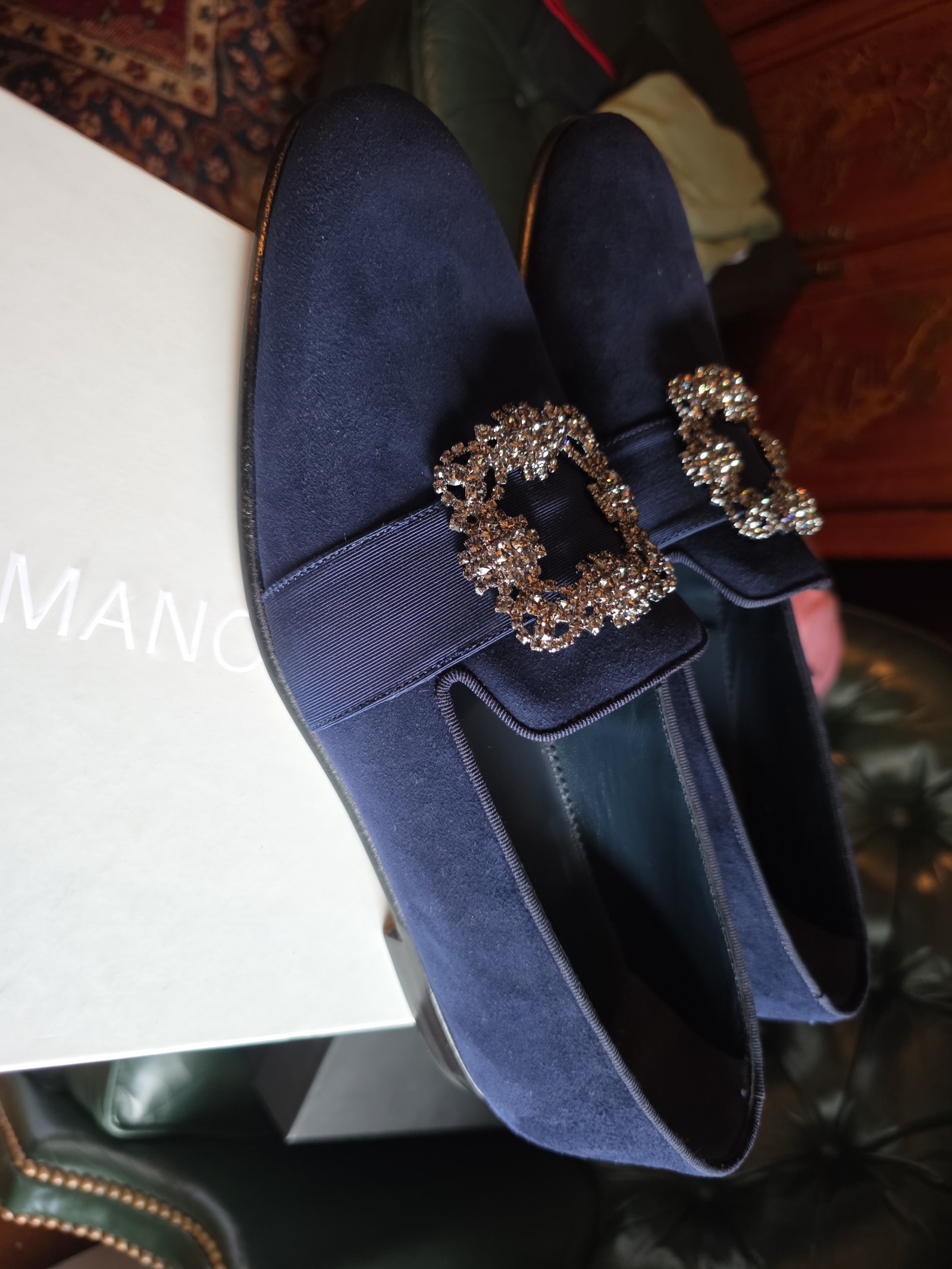 Manolo Blahnik Carlton Navy blue suede embellished suede loafers Size 11 US M