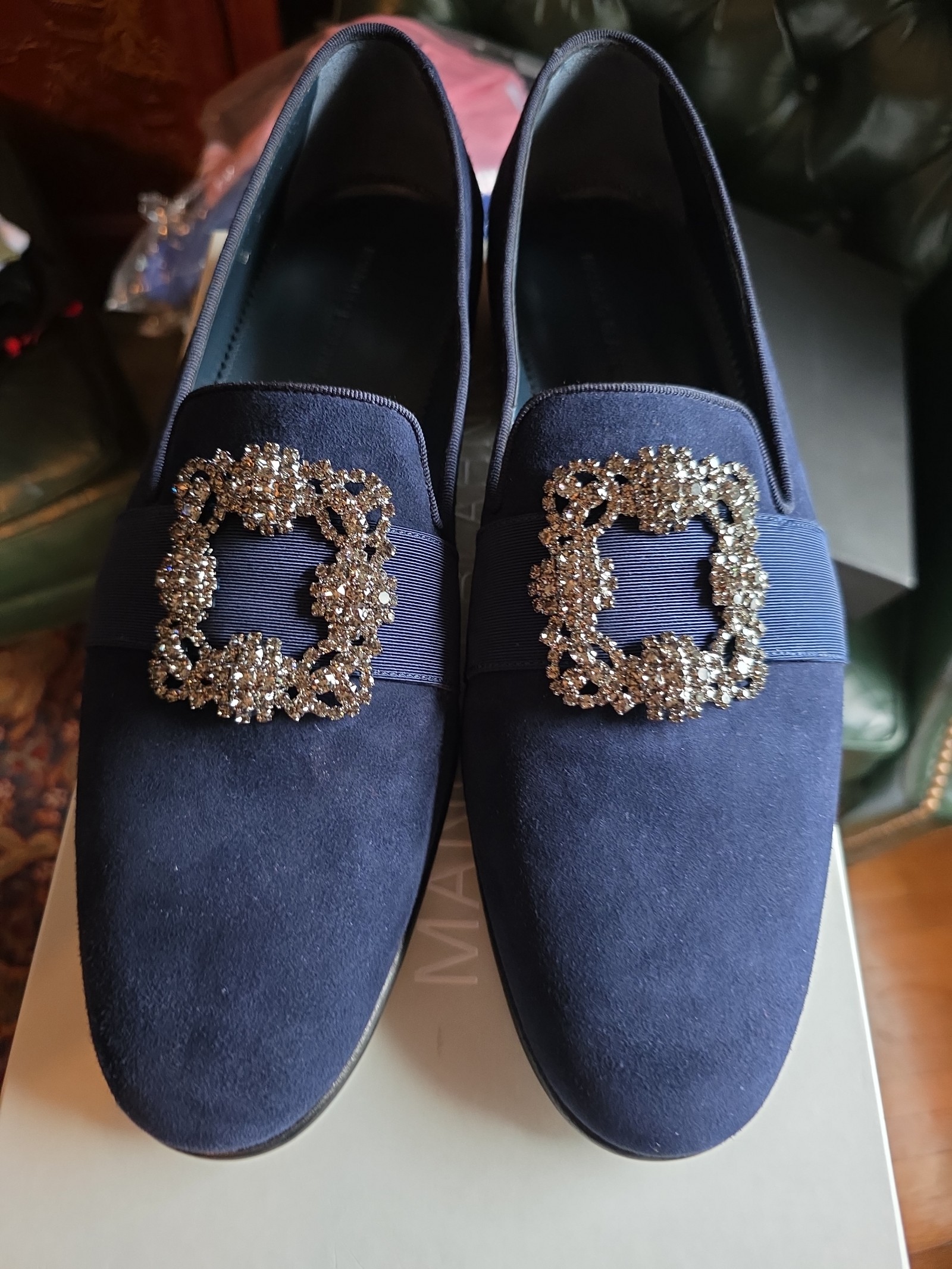 Manolo Blahnik Carlton Navy blue suede embellished suede loafers Size 11 US M