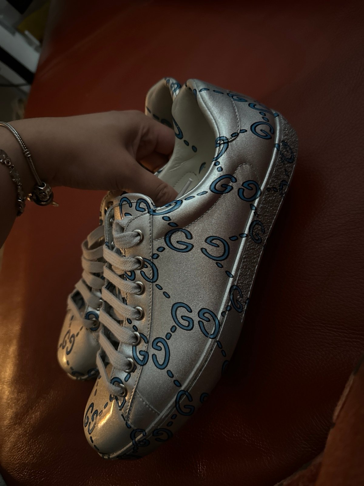 Gucci ACE GG GHOST SILVER-Coated Leather LOW-TOP Sneakers