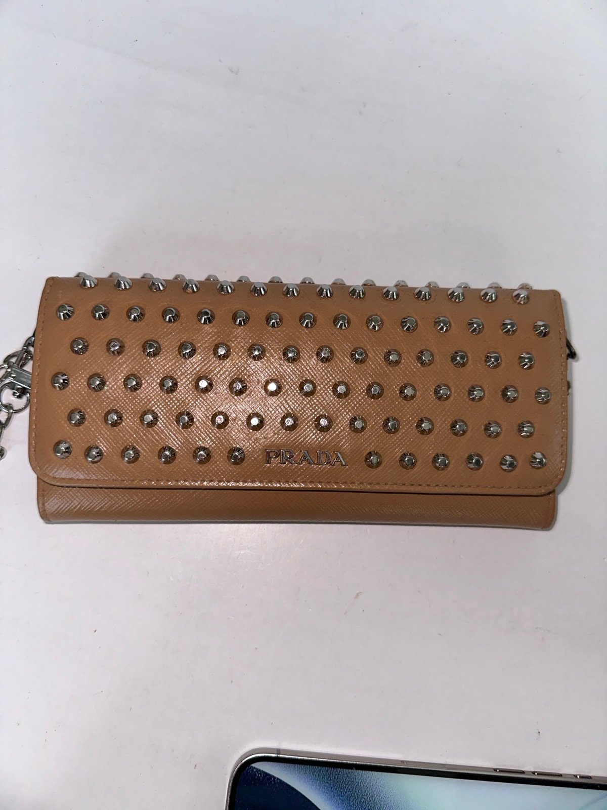 PRADA Beige Studded Leather Wallet of Chain