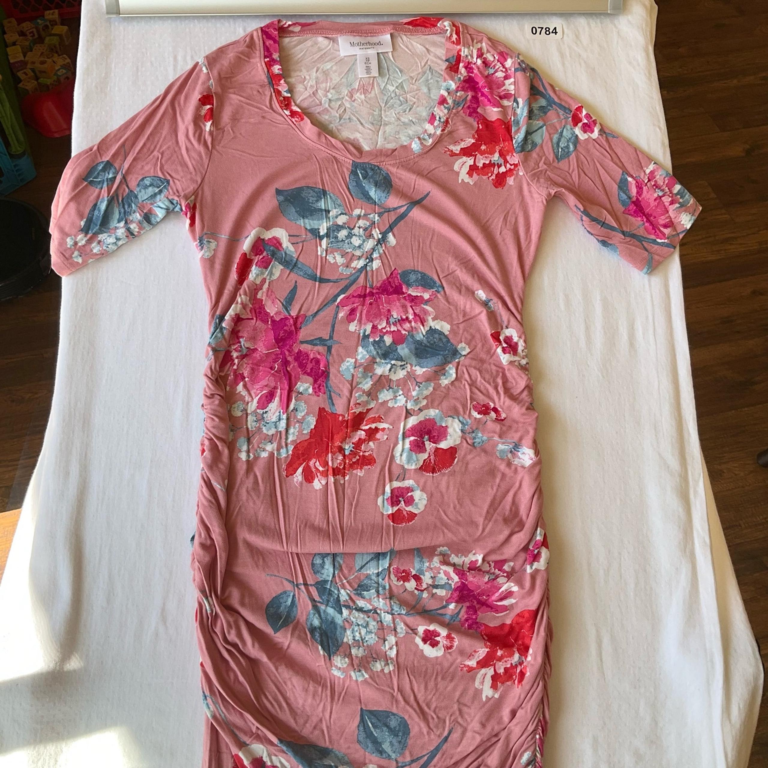 Motherhood Maternity Women’s Midi Floral Dress size XS, Pink & Green,Side Ruched