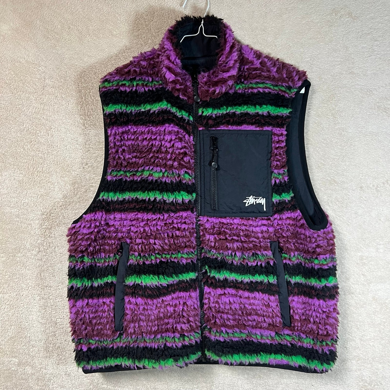 Stussy Striped Sherpa Vest Grape Mens Small Purple Streetwear Fashion