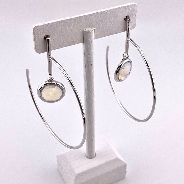 Moonstone Opalite Dangling Hoop Rhodium Plated Earring - BPB00050-27