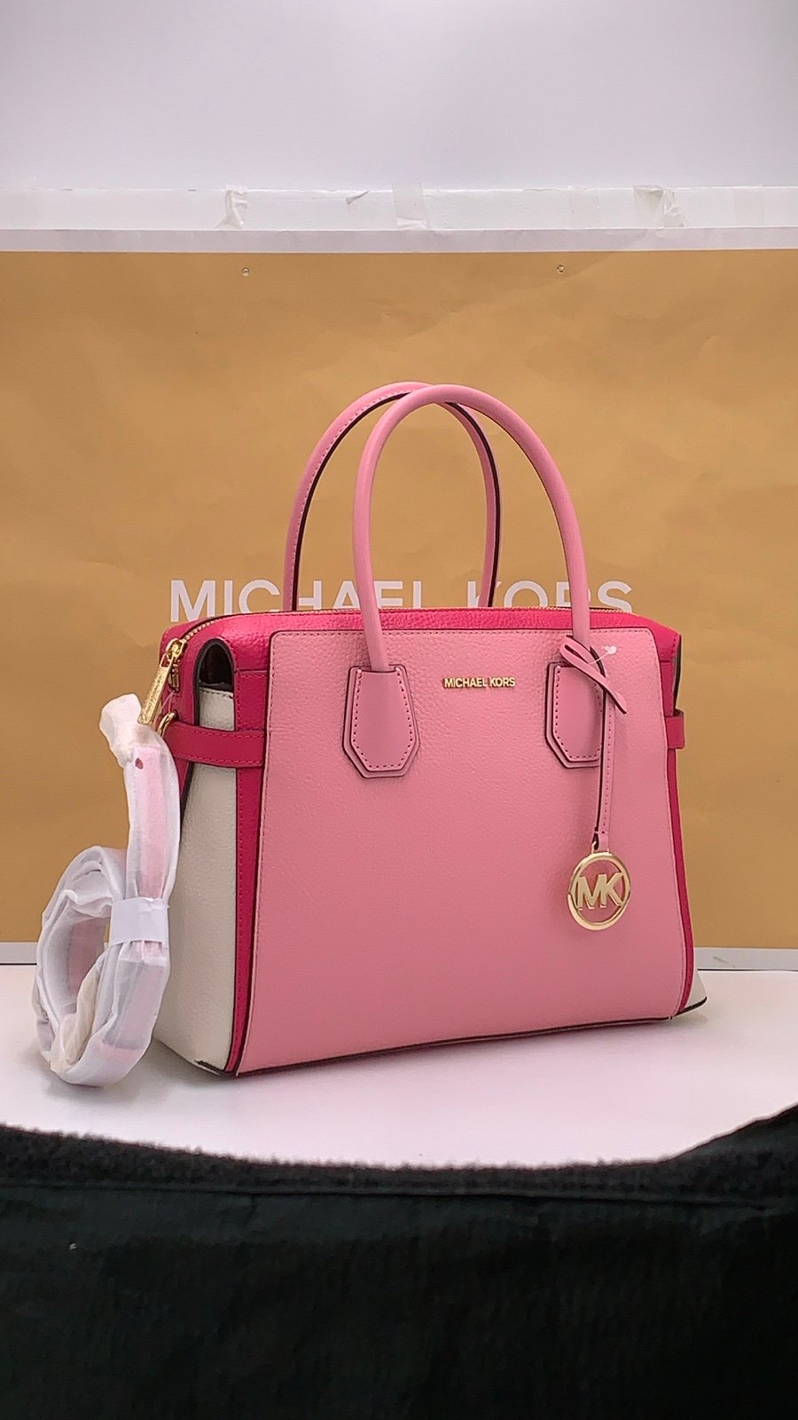 MICHAEL KORS Mercer Md Top ZipColor-Block Belted Satchel Crossbody Purse El Pink