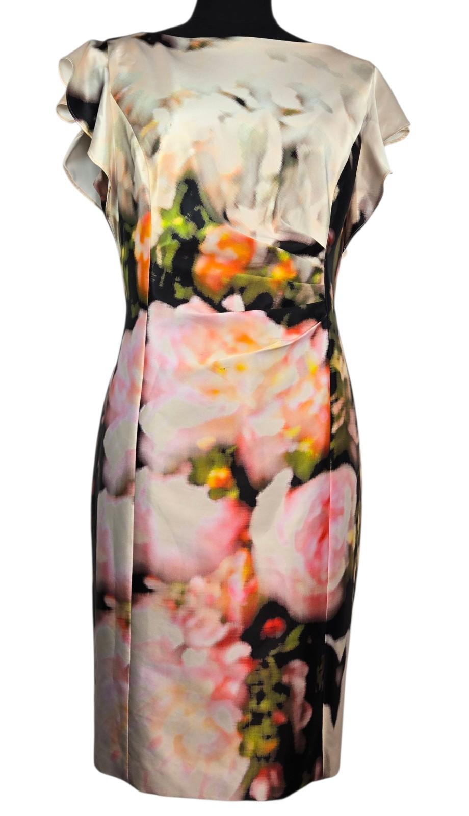 Kay Unger New York Floral Satin Sheath Dress Size 14 Cream Pink Peony Print