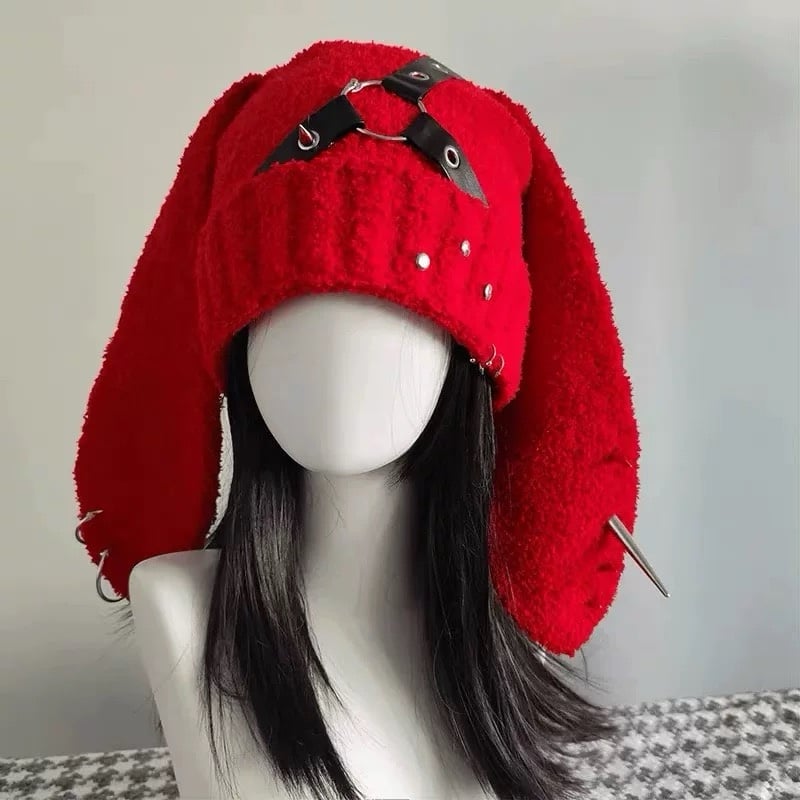 Red bunny leather belt beanie