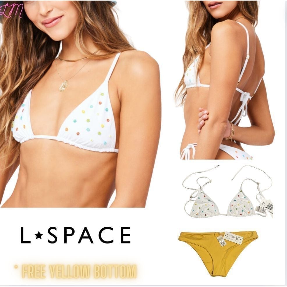 L Space Brittany Triangle Beaded Daisies Bikini Top SIze Small White