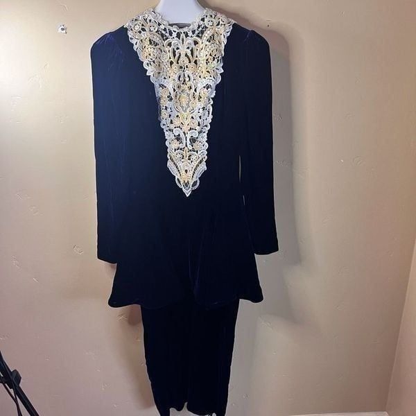 Vintage JESSICA MCCLINTOCK Velvet Black Lace Prairie Dress Hand Beaded Size 10