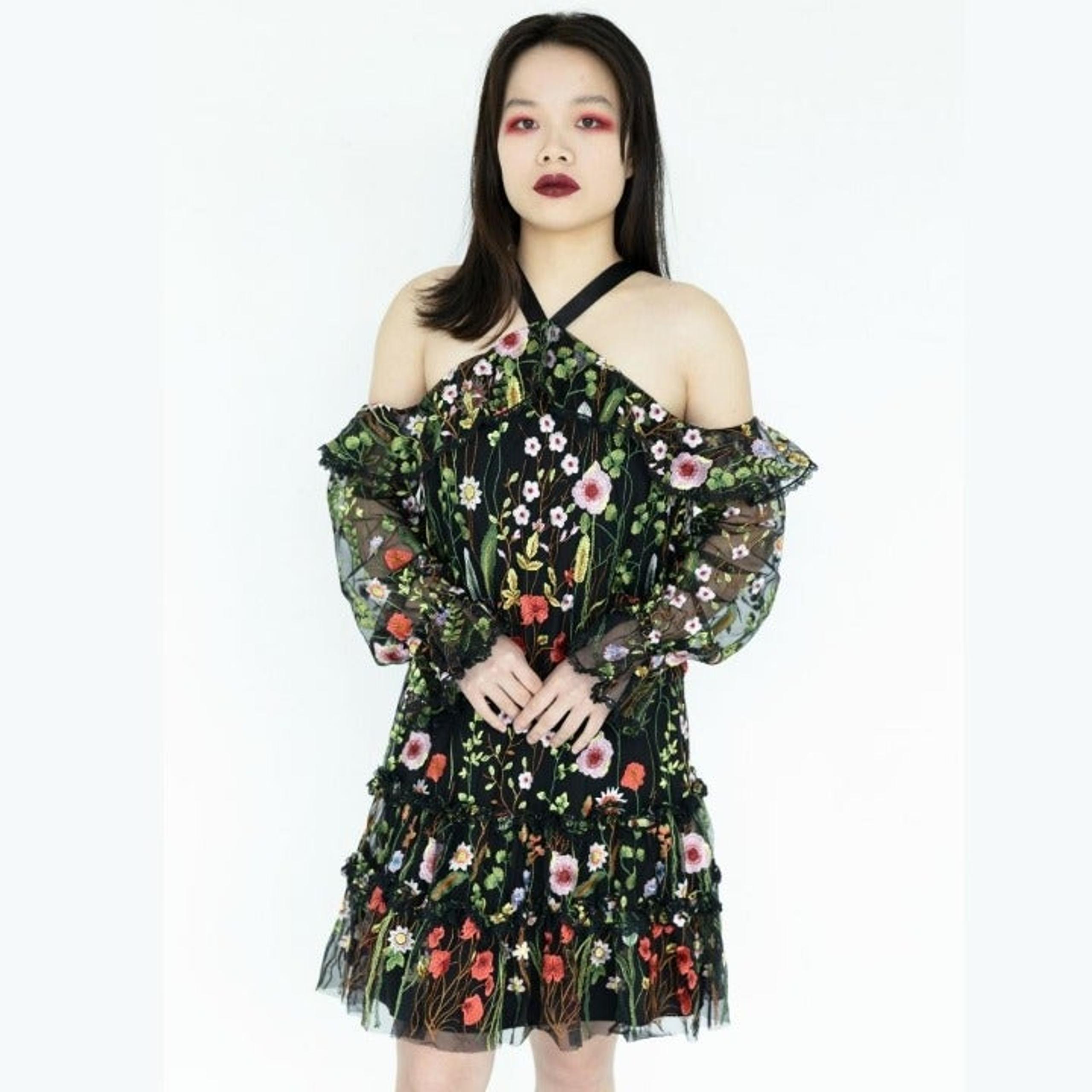 ALEXIS Adeline Floral Embroidered Open Shoulders Mini Designer Dress