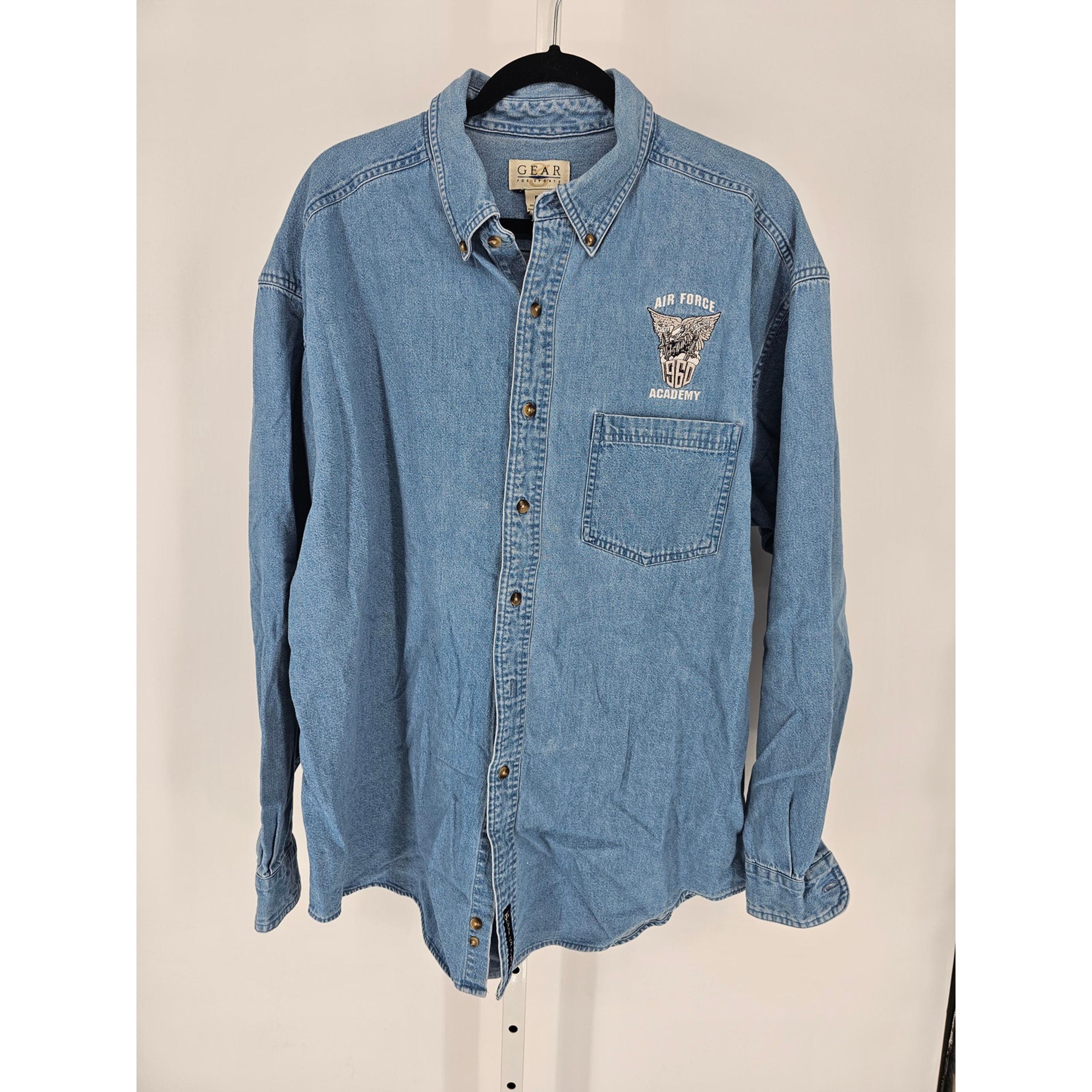 Gear Men's Blue Button-Down "Air Force Academy Logo" Printed Denim Shirt Size XL