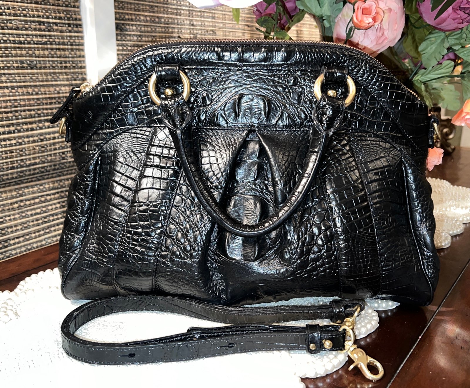 Brahmin Leather LOUISE Satchel with Double Rose Tassel in Black Melbourne