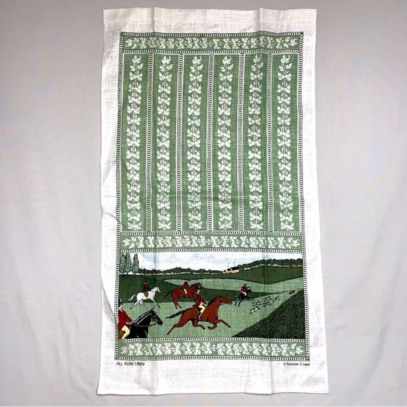 Vintage Stevens Linen Dish Hand Tea Towel Horse Hunt Fox Hound Collectible Decor