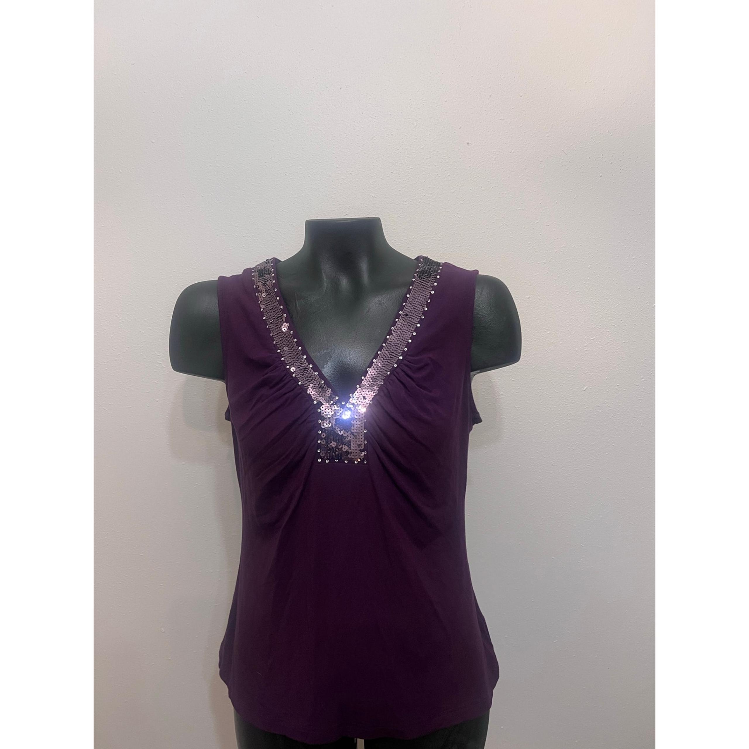 Cache Sleeveless Tank Tunic Sz L Sequins V-neck Ruche Stretch Burgundy Glam Y2K