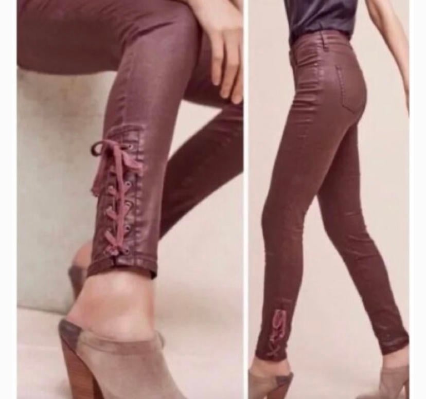 PILCRO brown coated lace up ankle skinny pants