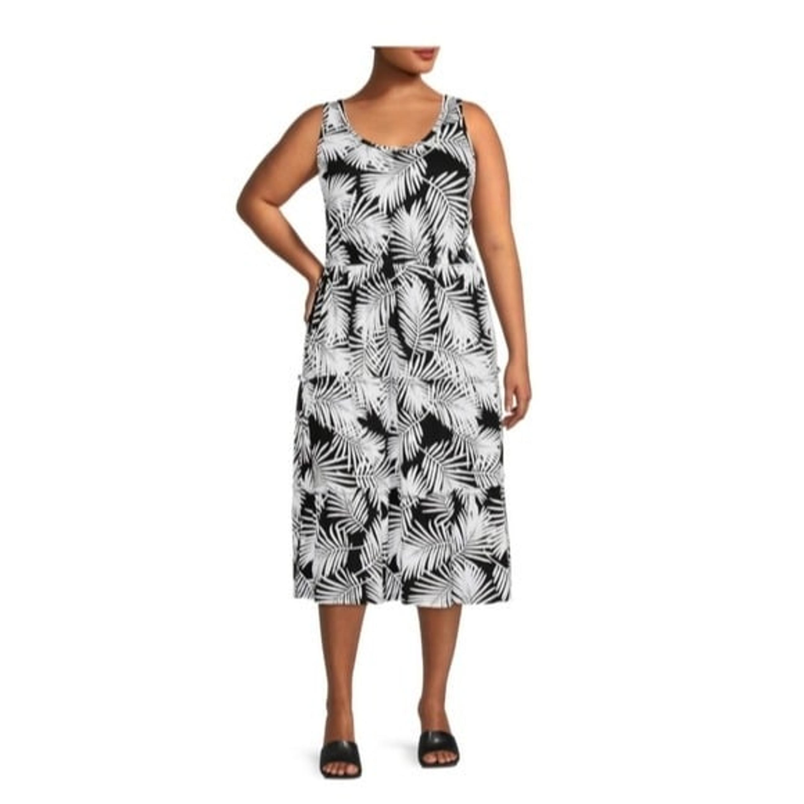 2• Terra & sky 1X womens plus tieid midi dress black white tropical print