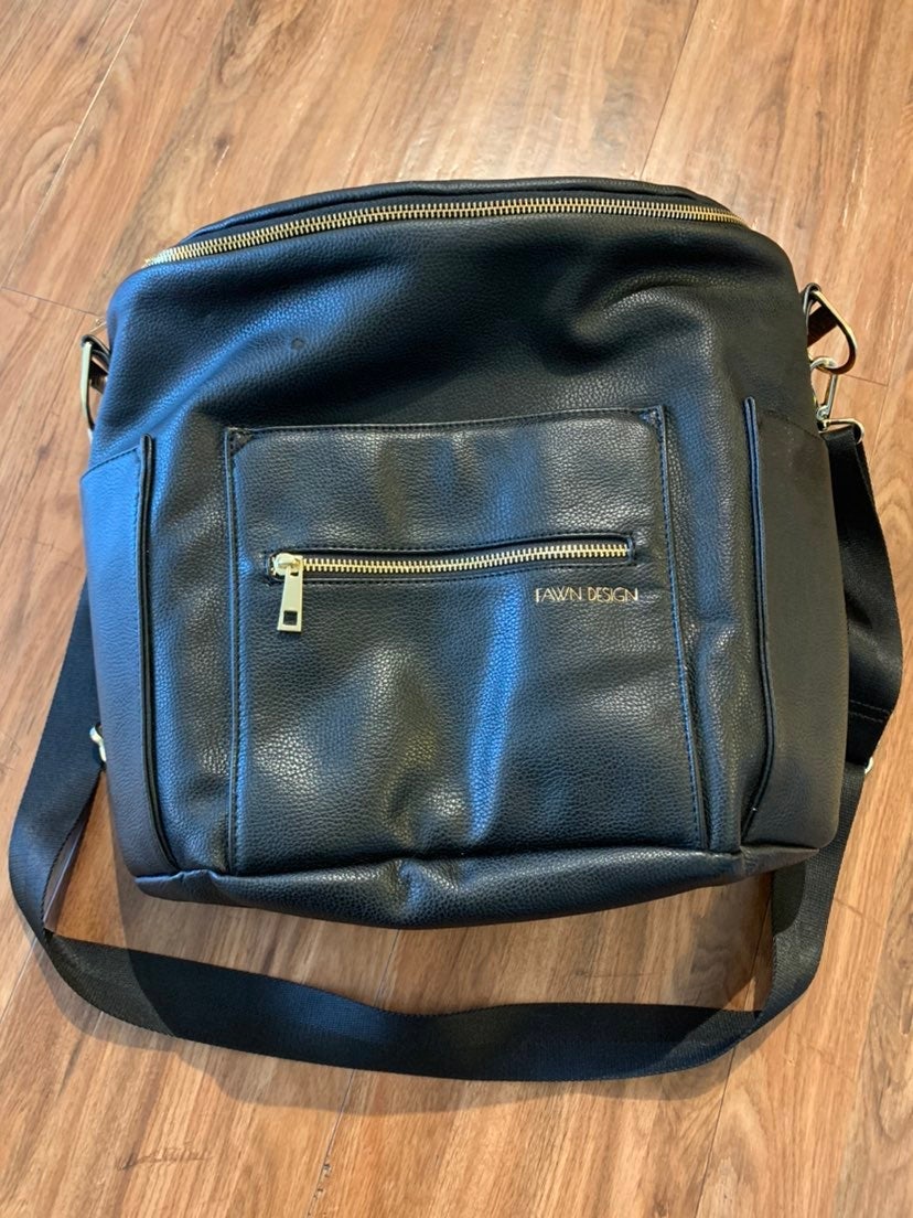 Fawn Design Black Vegan Leather Large Crossbody Backpack Diaper Bag