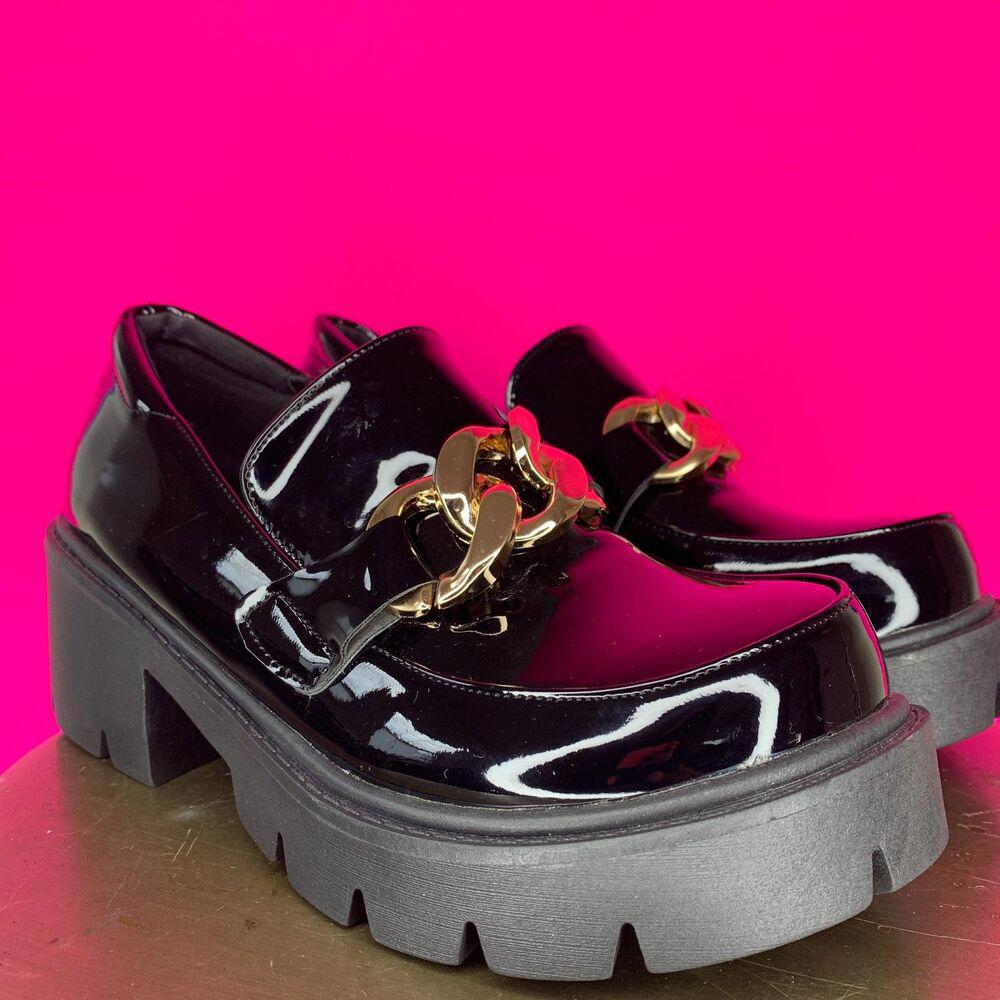 Shiny Black Gold Chain Chunky Lug Sole Platform Loafer Sz 8