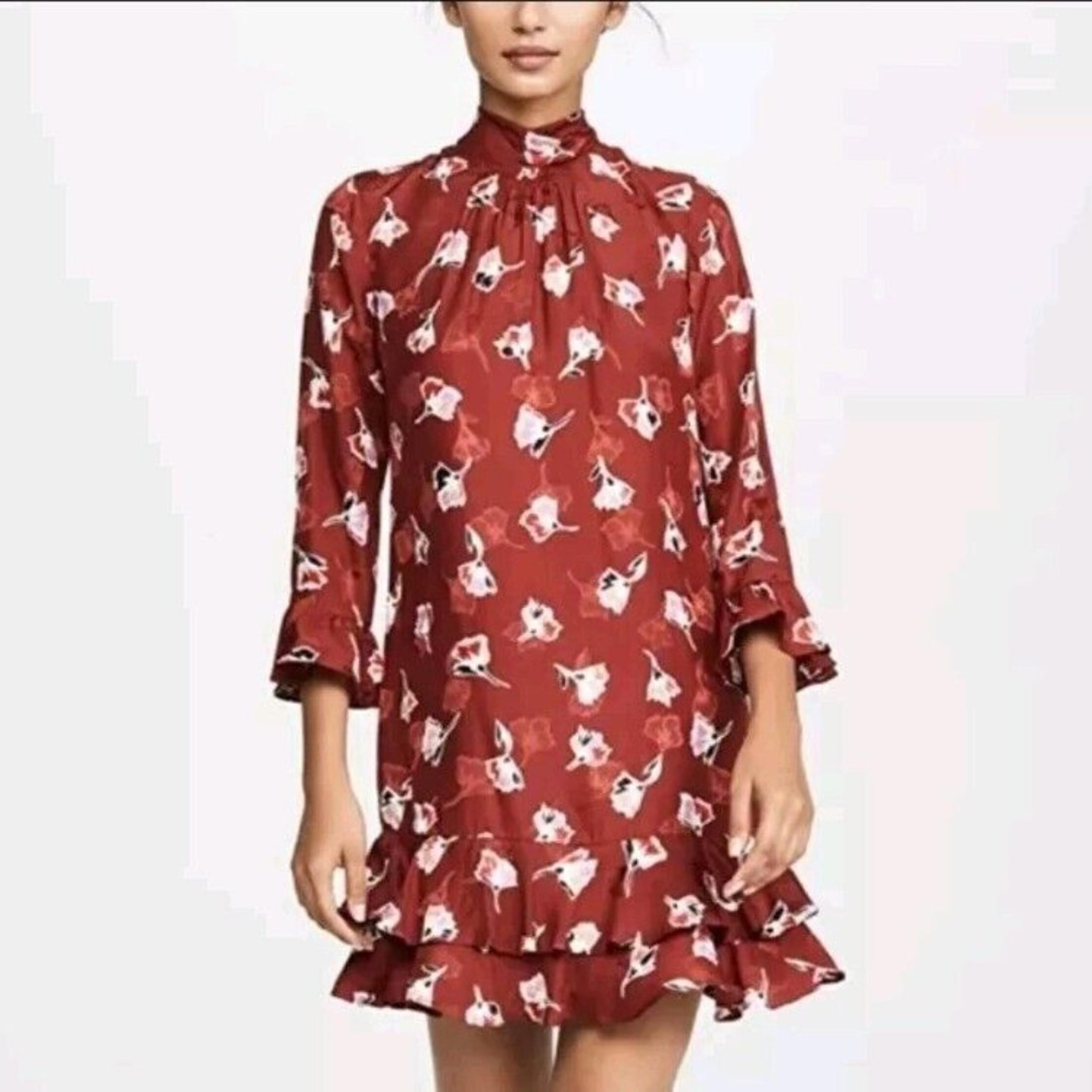 Rebecca Taylor Dress Cabernet Paintbrush Silk Ruffle Mock Tie Neck Sz 2 MSRP$395