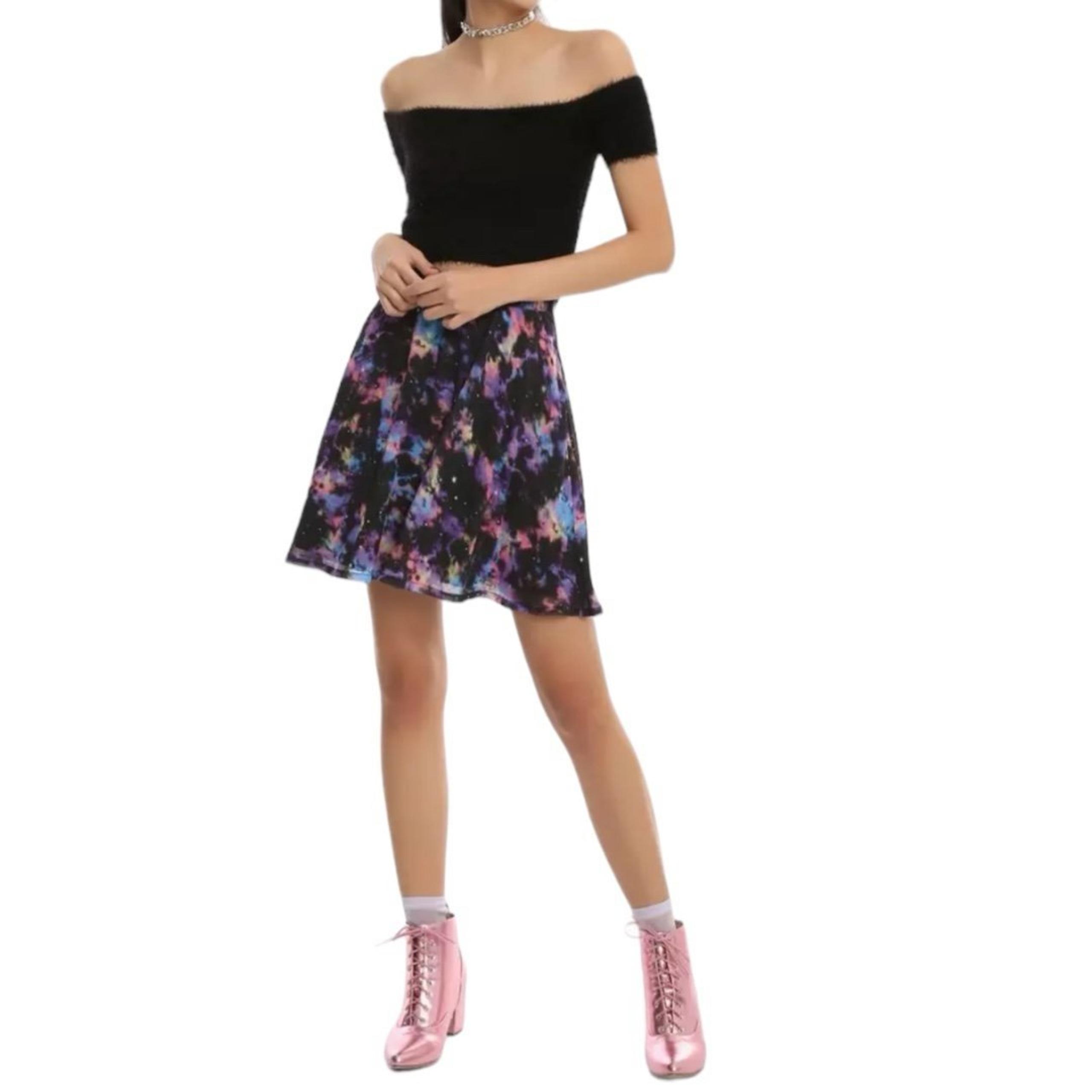 Hot Topic Galaxy Chiffon Skater Skirt Size Large Elastic Waist Outer Space