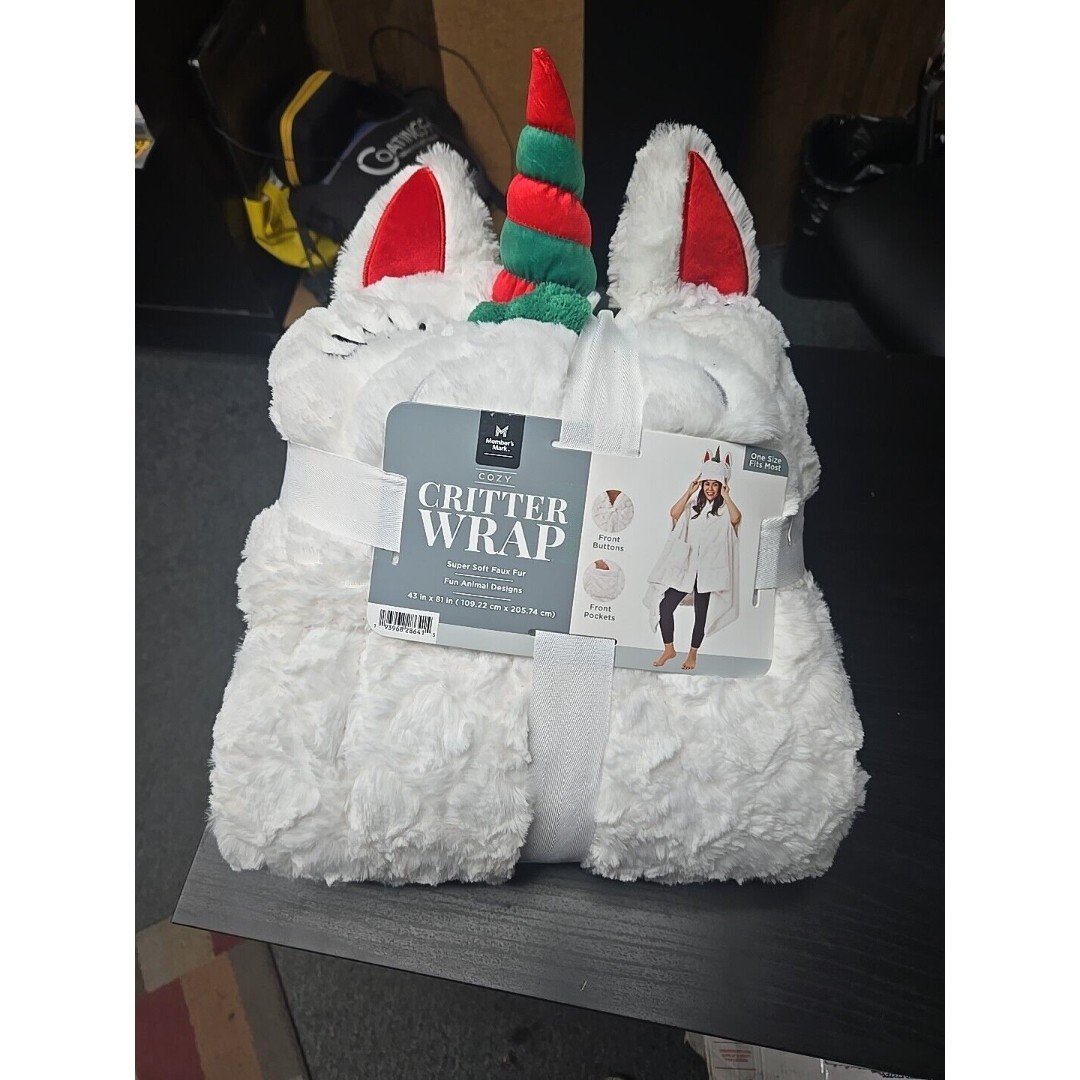 COZY CRITTER WRAP UNICORN Member's Mark Soft Faux Fur Front Pockets Buttons NEW