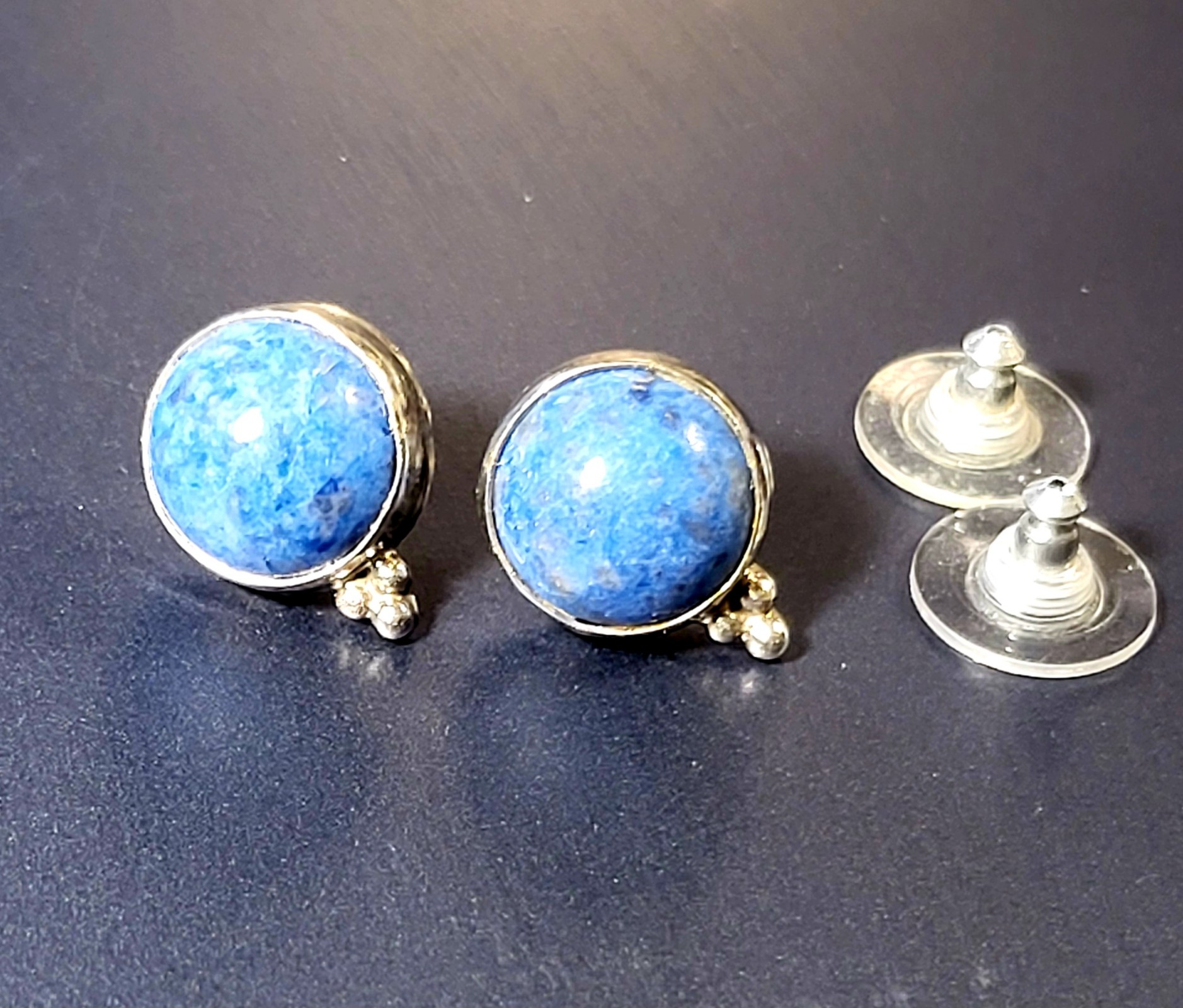 Vintage Lapis Lazuli Cabochon Stones Sterling Silver Stud Earring & Pendant Set