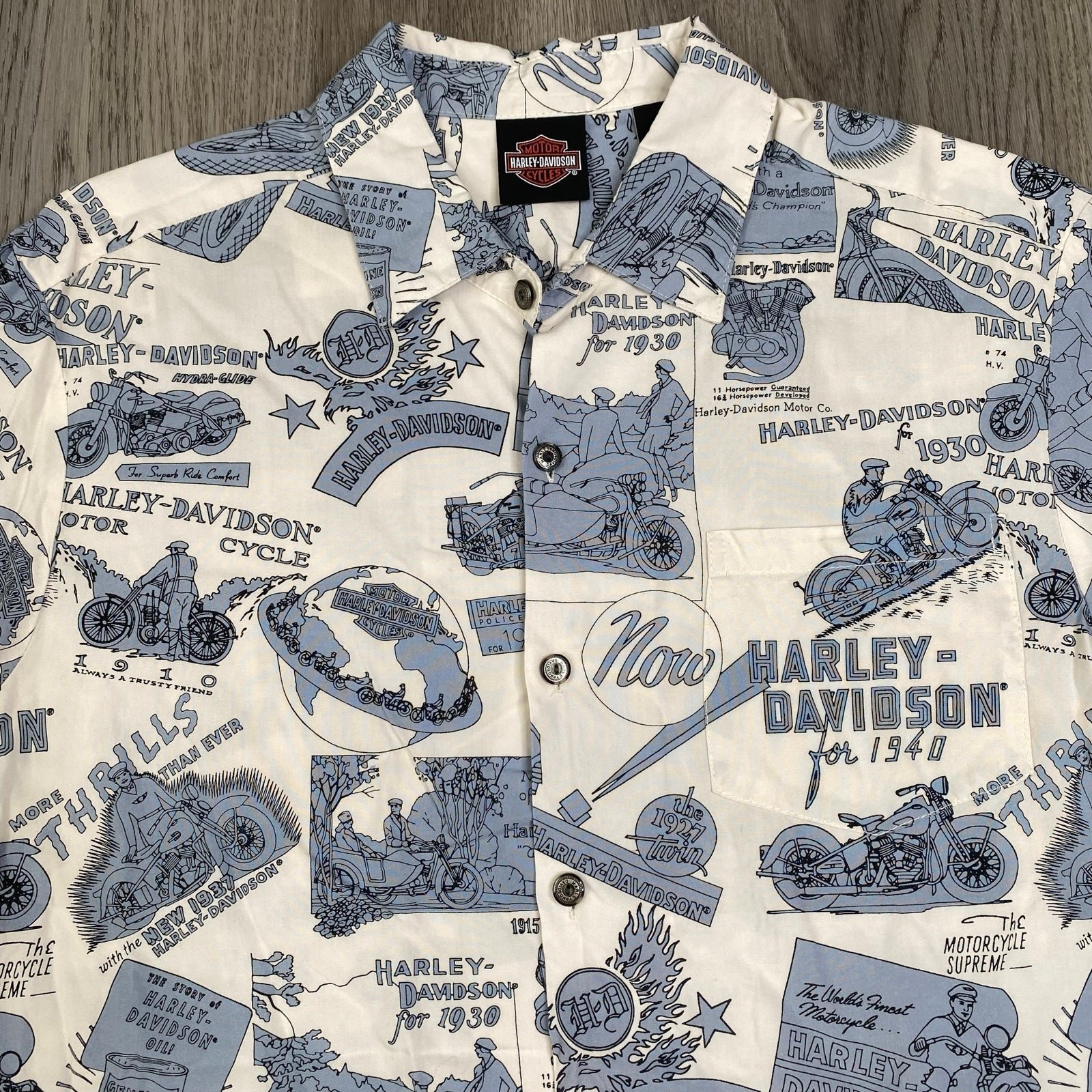 Mens Tori Richard Harley Davidson All Over Hawaiian Button Up Shirt M White Blue