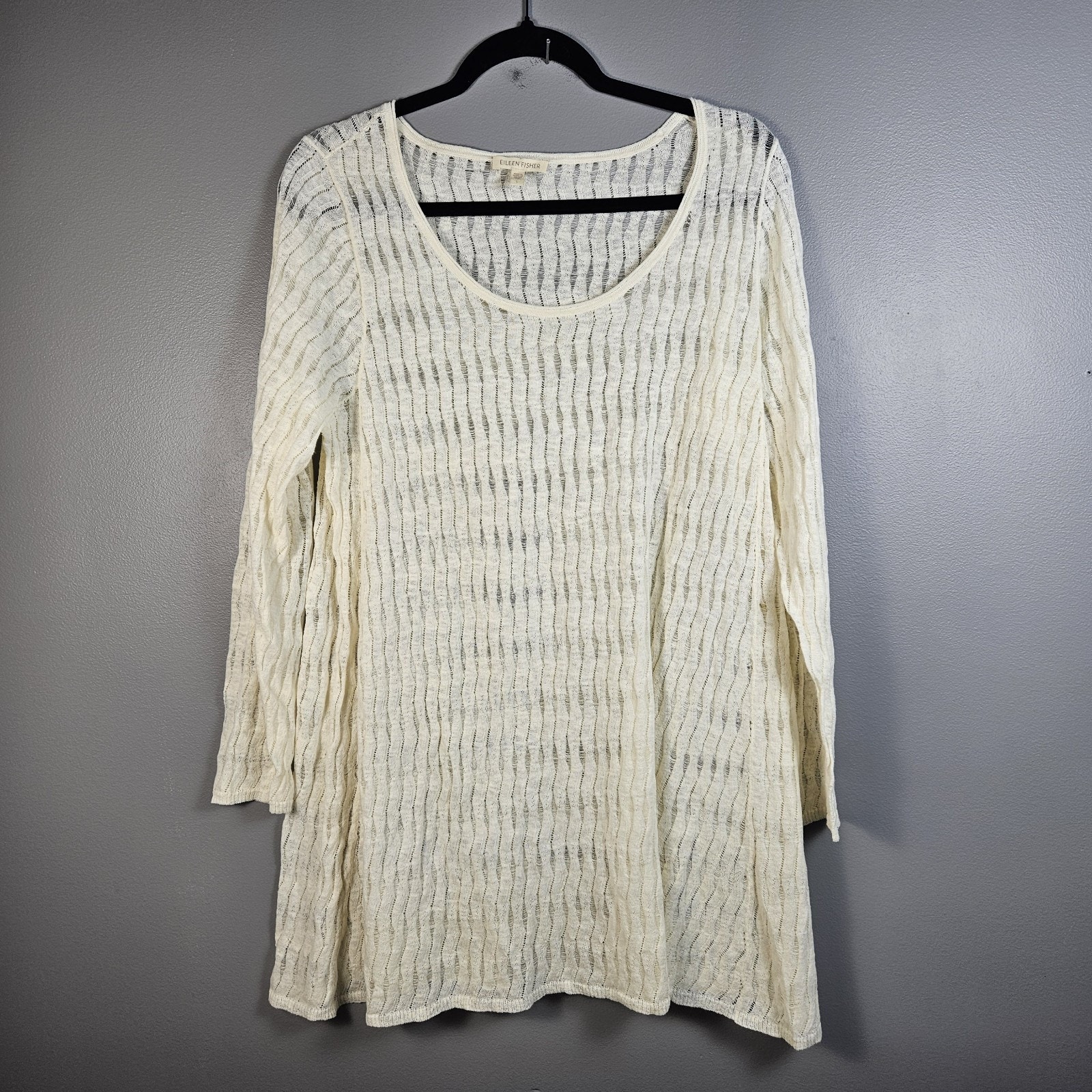 Eileen Fisher L Ivory Open Knit Long Sleeve Flared Cotton/linen Tunic Blouse