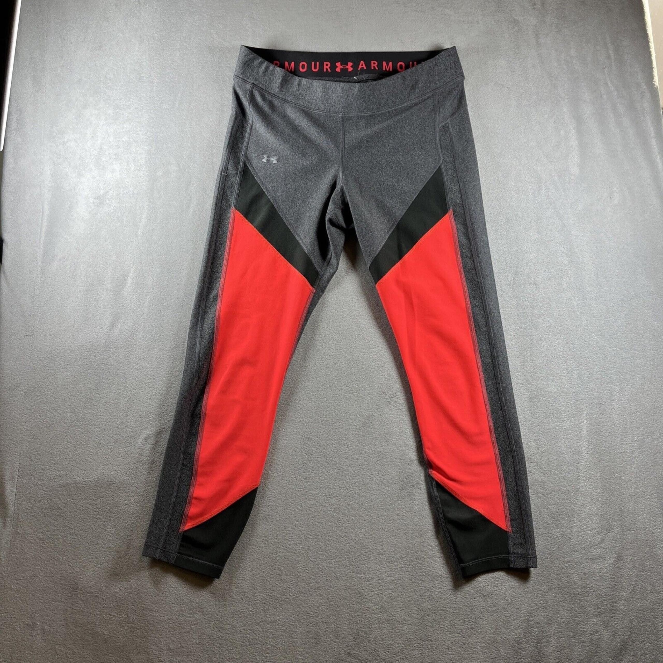 Under Armour Leggings Women L Heat Gear Compression Crop Gray/Neon 8.5" Rise