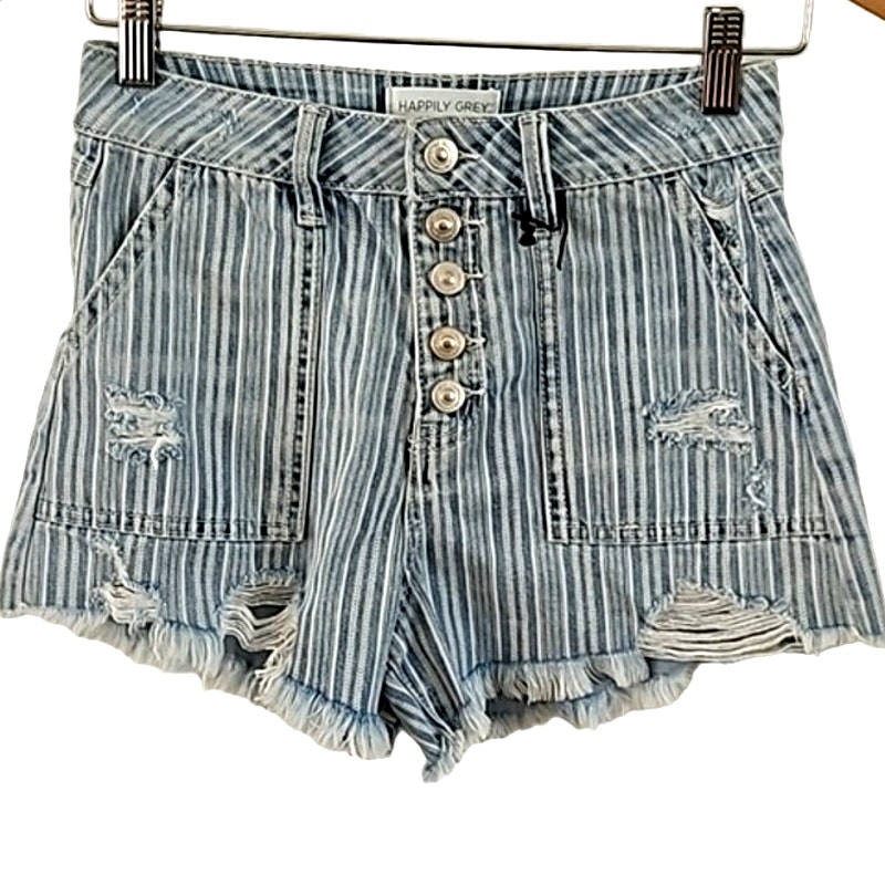 Happily Grey Women's High Rise Striped Denim Shorts - Raw Hem, Ripped, Size 1/25