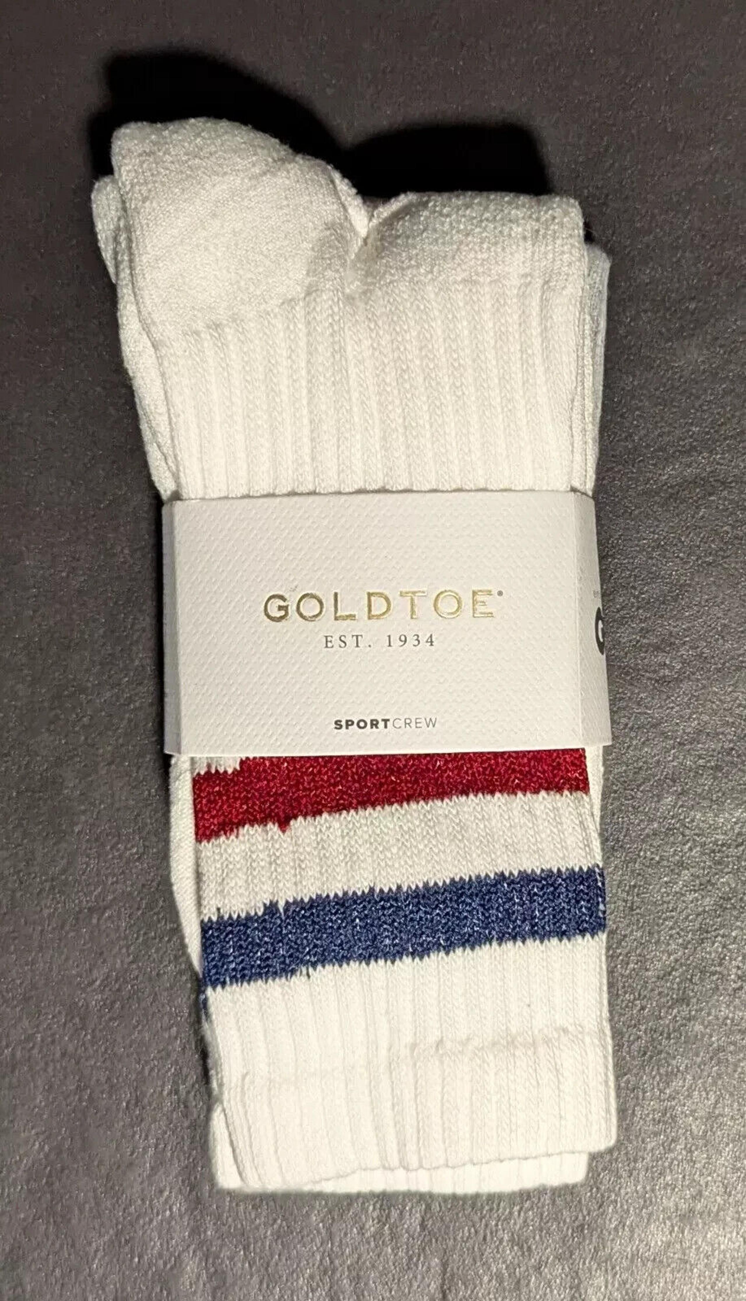 GOLD TOE Men's Sport Crew White & Gray Striped Socks 2-pack Size 6-12.5 - NEW
