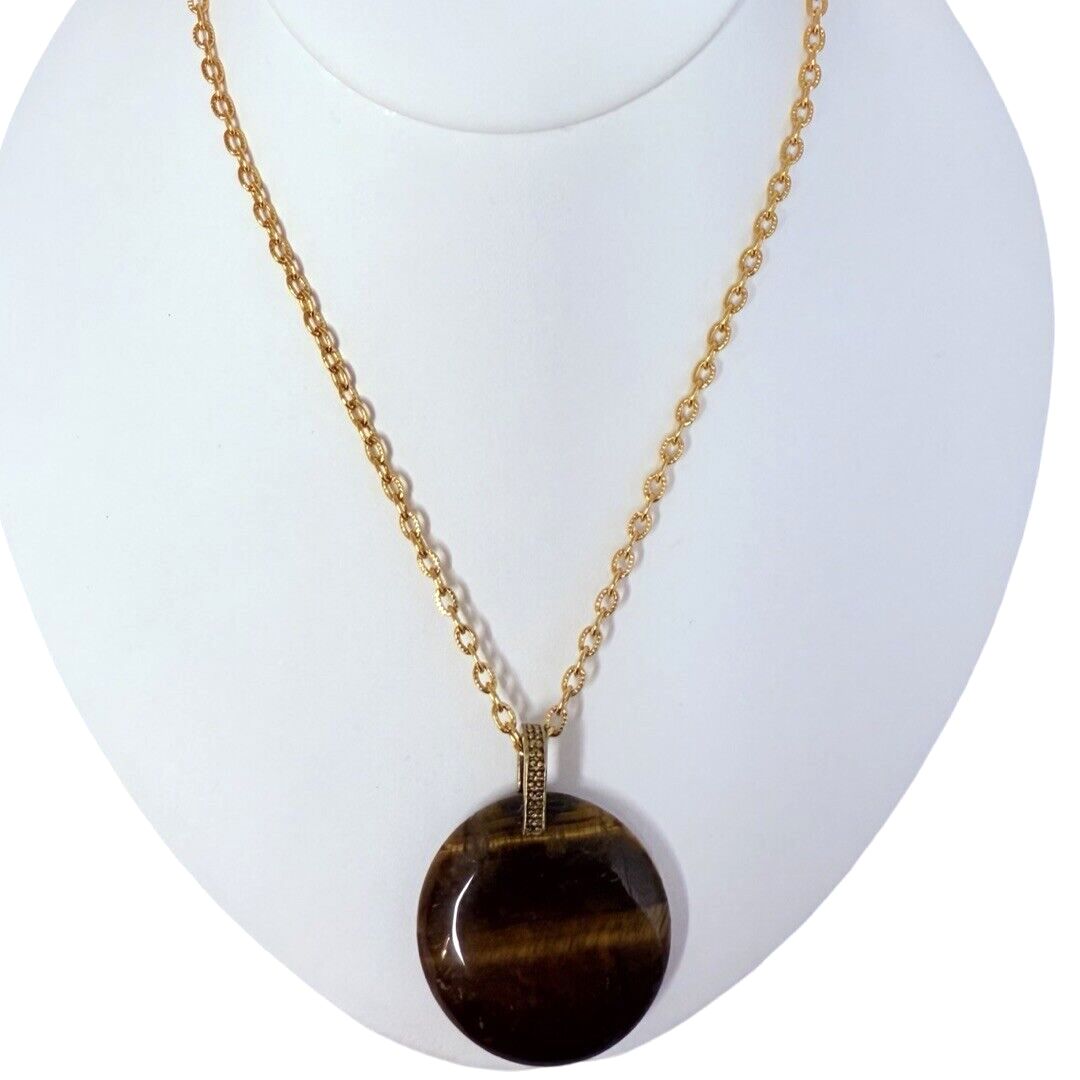 VTG Roman Tiger Eyes Pendant Necklace 24 Gold Tone Bohemian RMN Boho