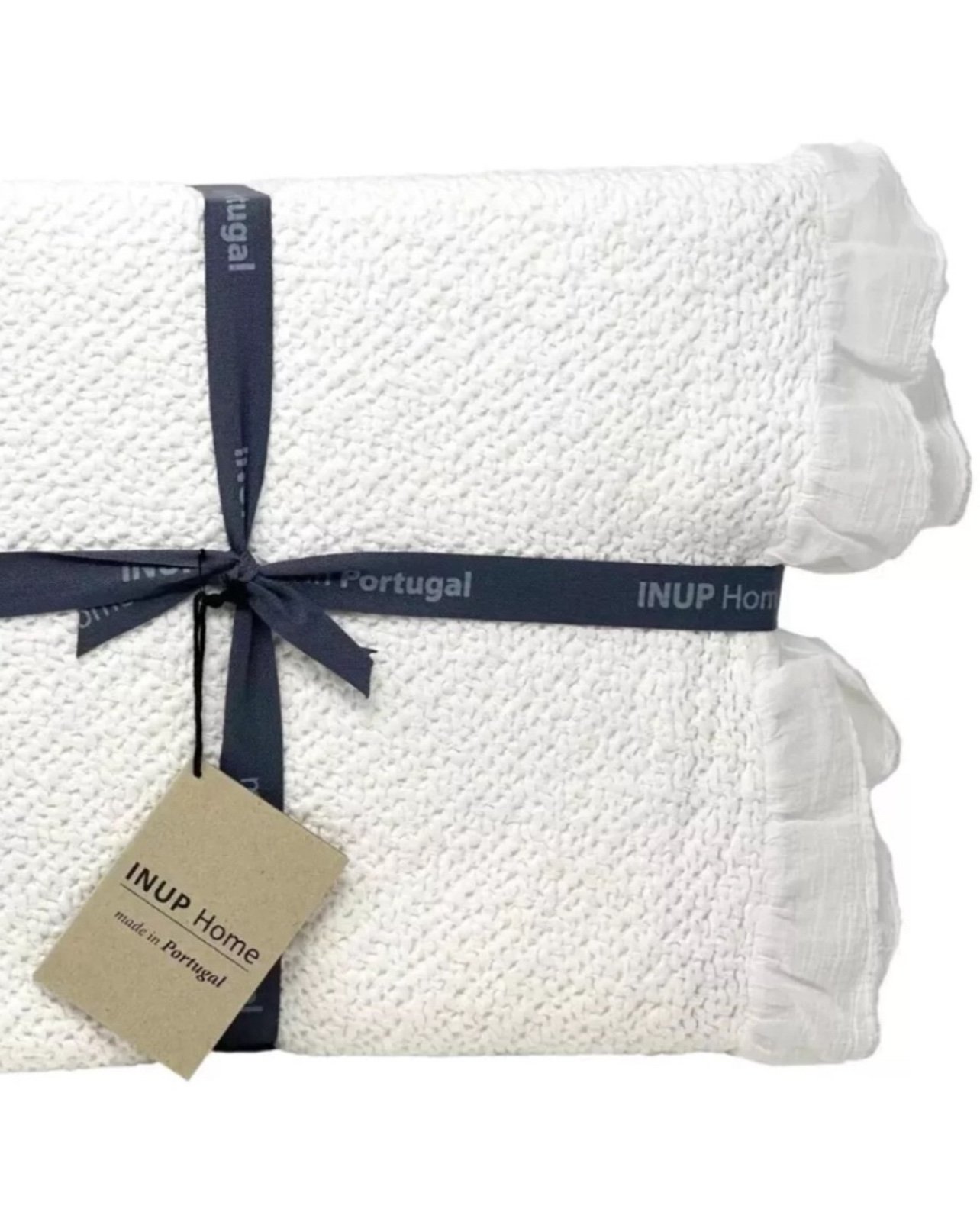 INUP Portugal QUEEN Cotton Textured Shabby Chic Gauze Ruffle White Coverlet NEW