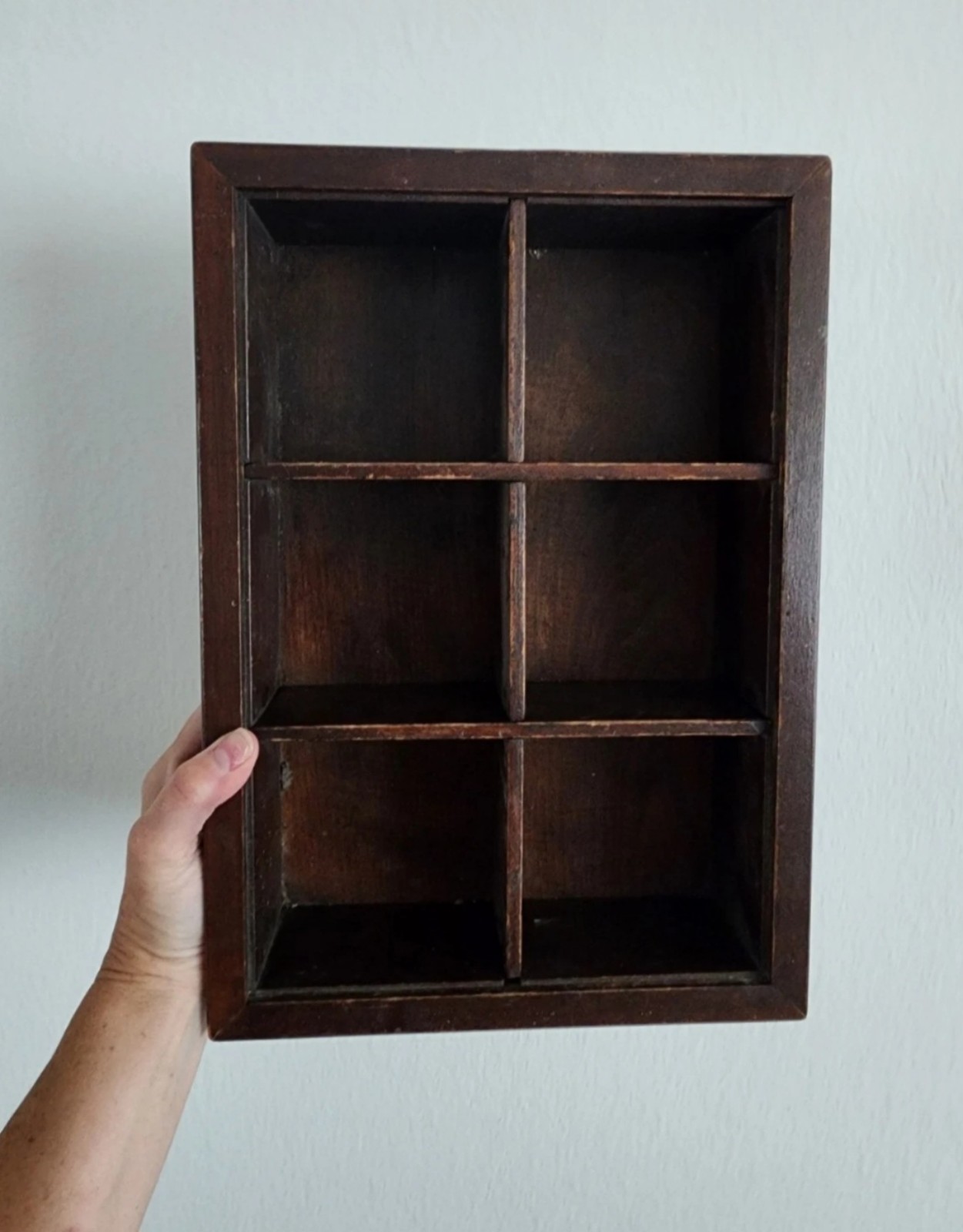 Antique Vintage Dark Wood Cubby Shadow Box Wall Display Minis Shelf Knick Knack