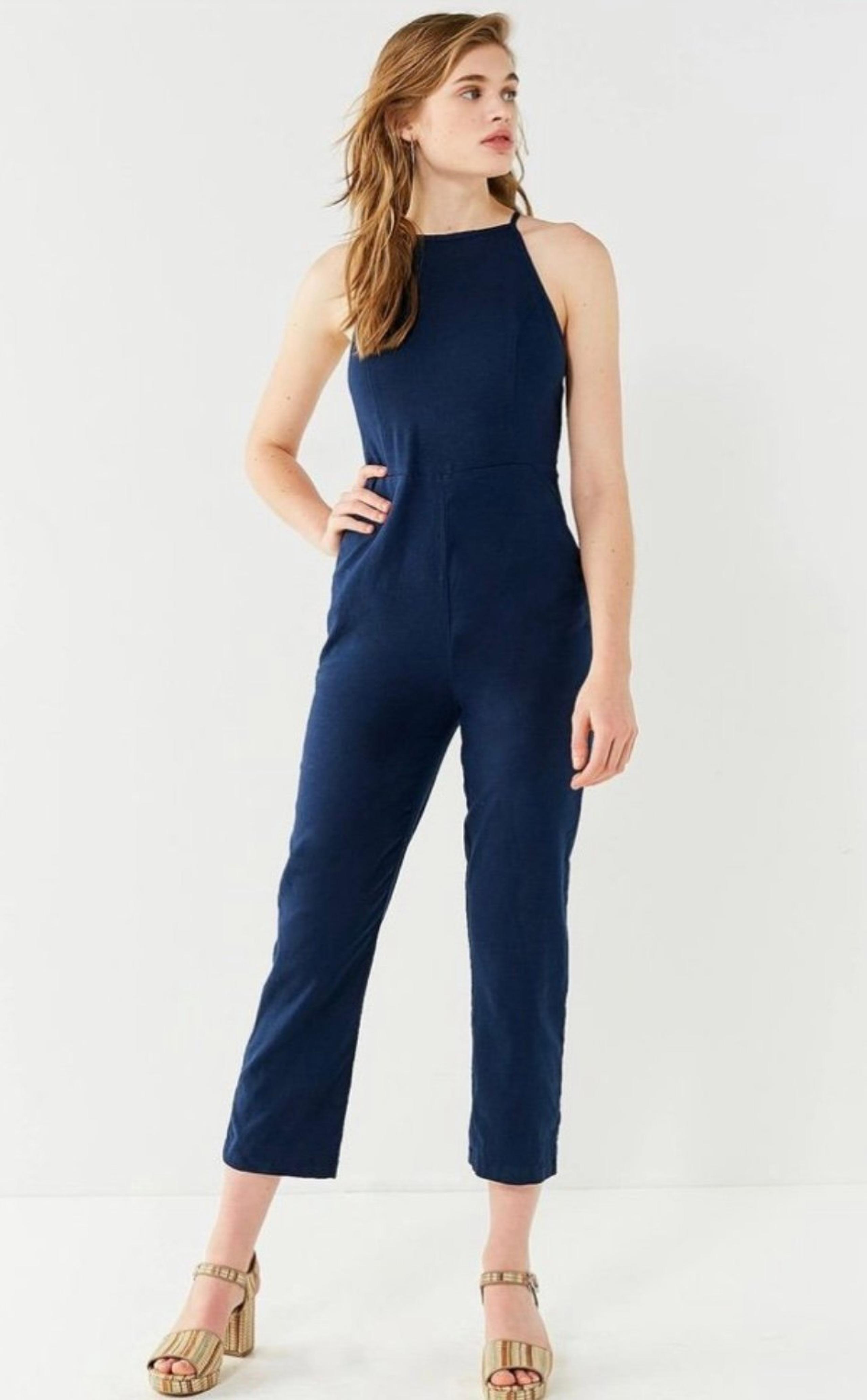 Urban outfitters linen dressy navy jumpsuit high neck open back