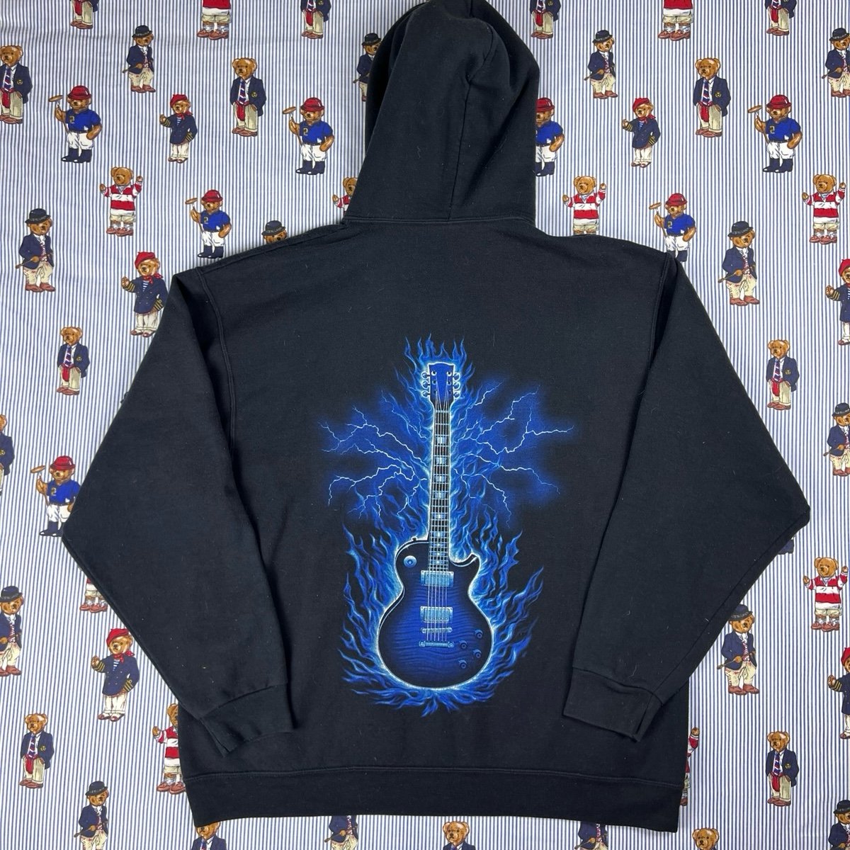Vintage Y2K Lightning Guitar Graphic Black Hoodie Sweatshirt Size XL