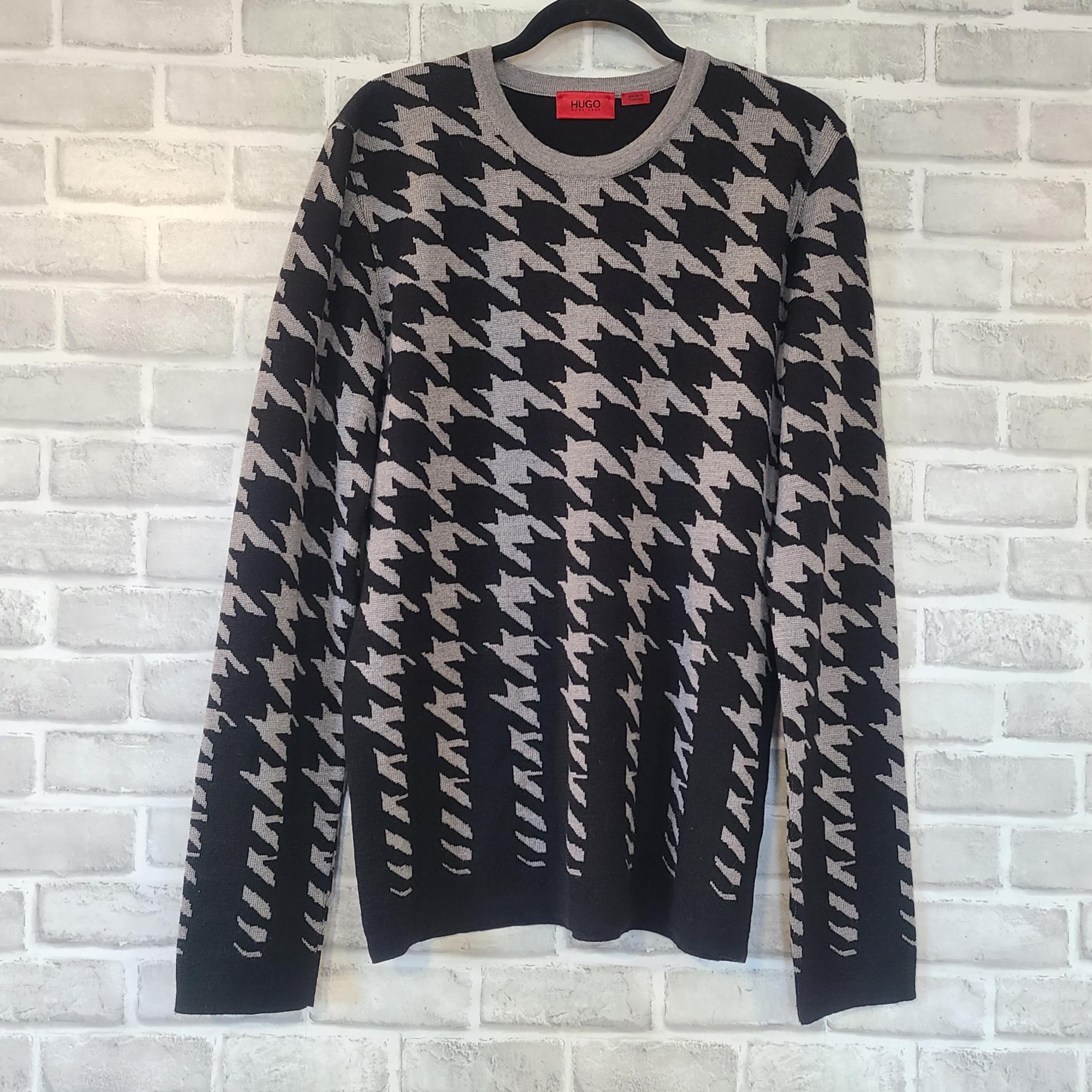 Hugo Boss Virgin Wool Houndstooth Sweater Black Gray Fade Medium