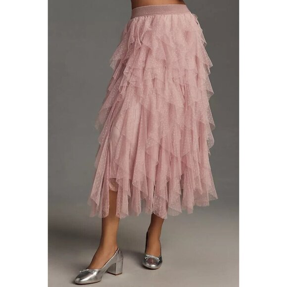 NWT by Anthropologie Evelyn Chéri Cheri in Rose Ruffled Tulle Midi Skirt L