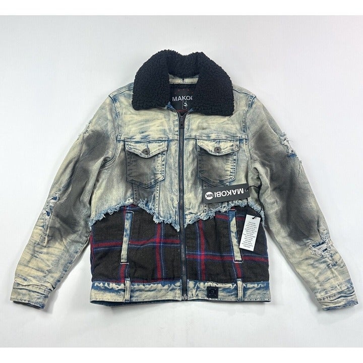 Makobi Mens Large Blue Plaid Full Zip Denim Jean Sherpa Jacket Distressed M1035