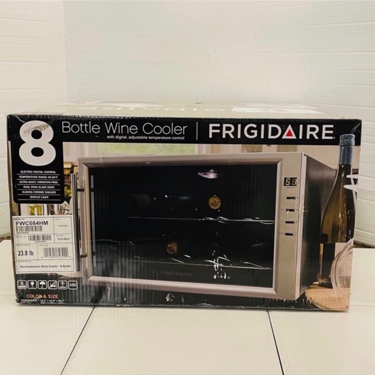 Frigidaire 8-Bottle Wine Cooler Silver & Black New In Box