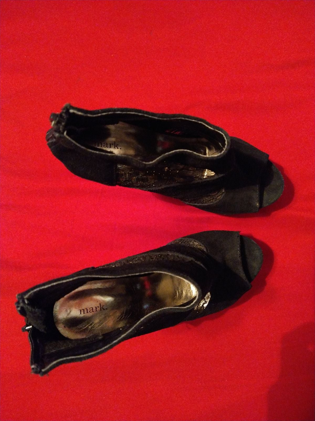 Black with gold lace heel-less heels