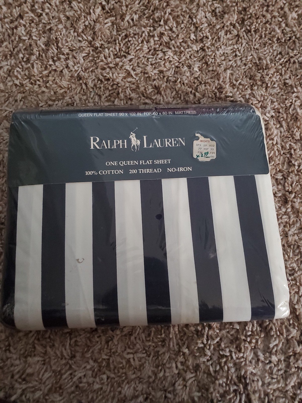 Ralph Lauren Vintage Queen Flat Sheet CARLISLE NAVY and White Stripe 100% cotton