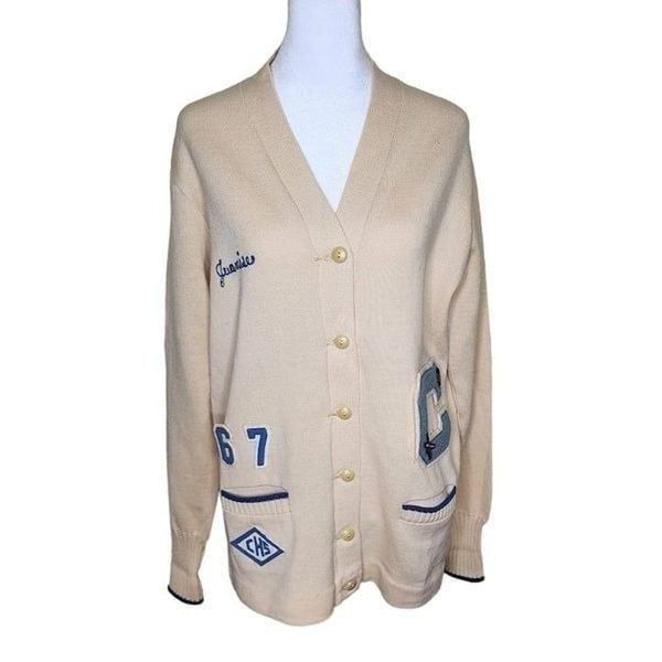 Vintage 60s Long Sleeve Letterman Cardigan Sweater Womens Size XL Beige Patches