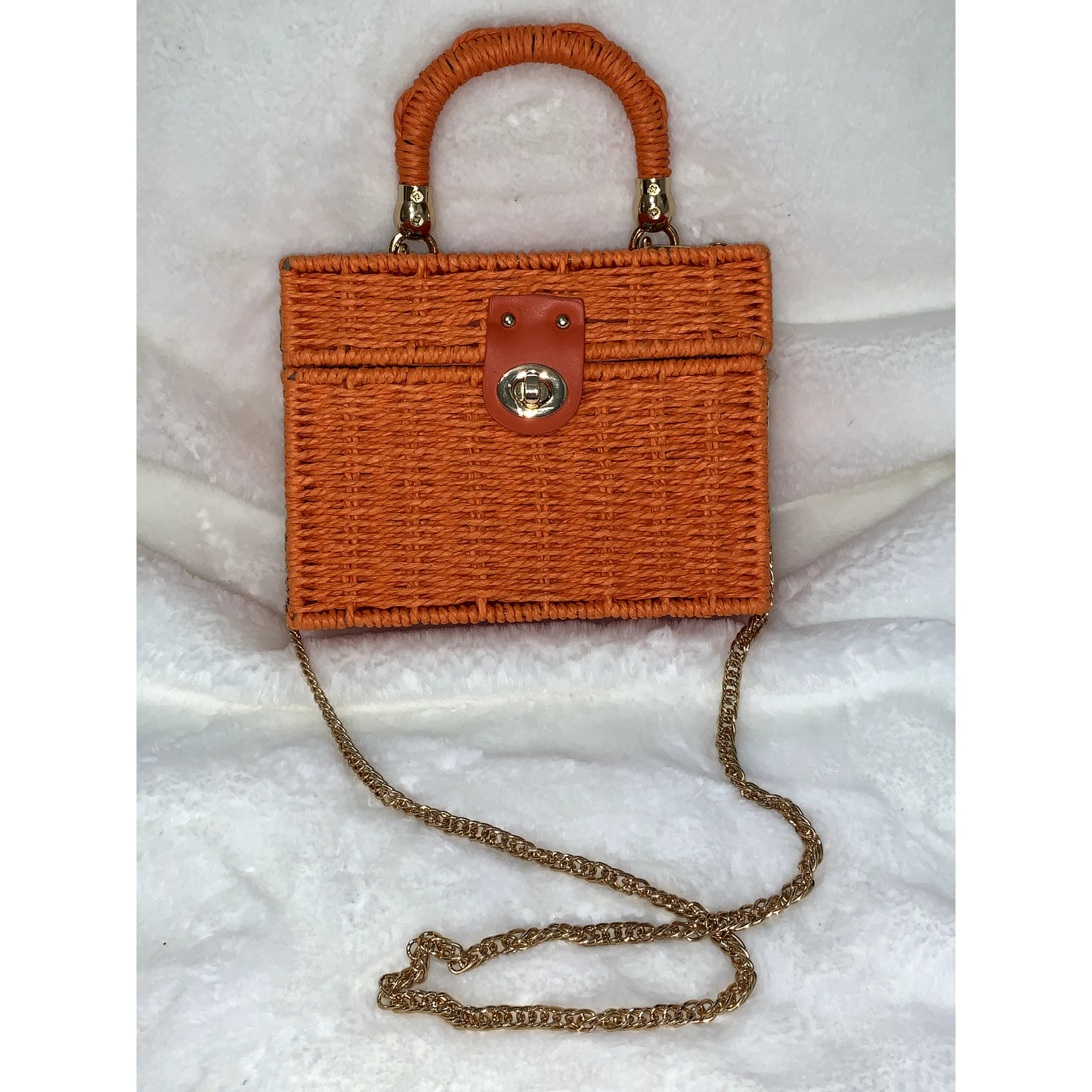 Women's Orange Woven Rattan Shoulder Bag with Gold Chain Strap