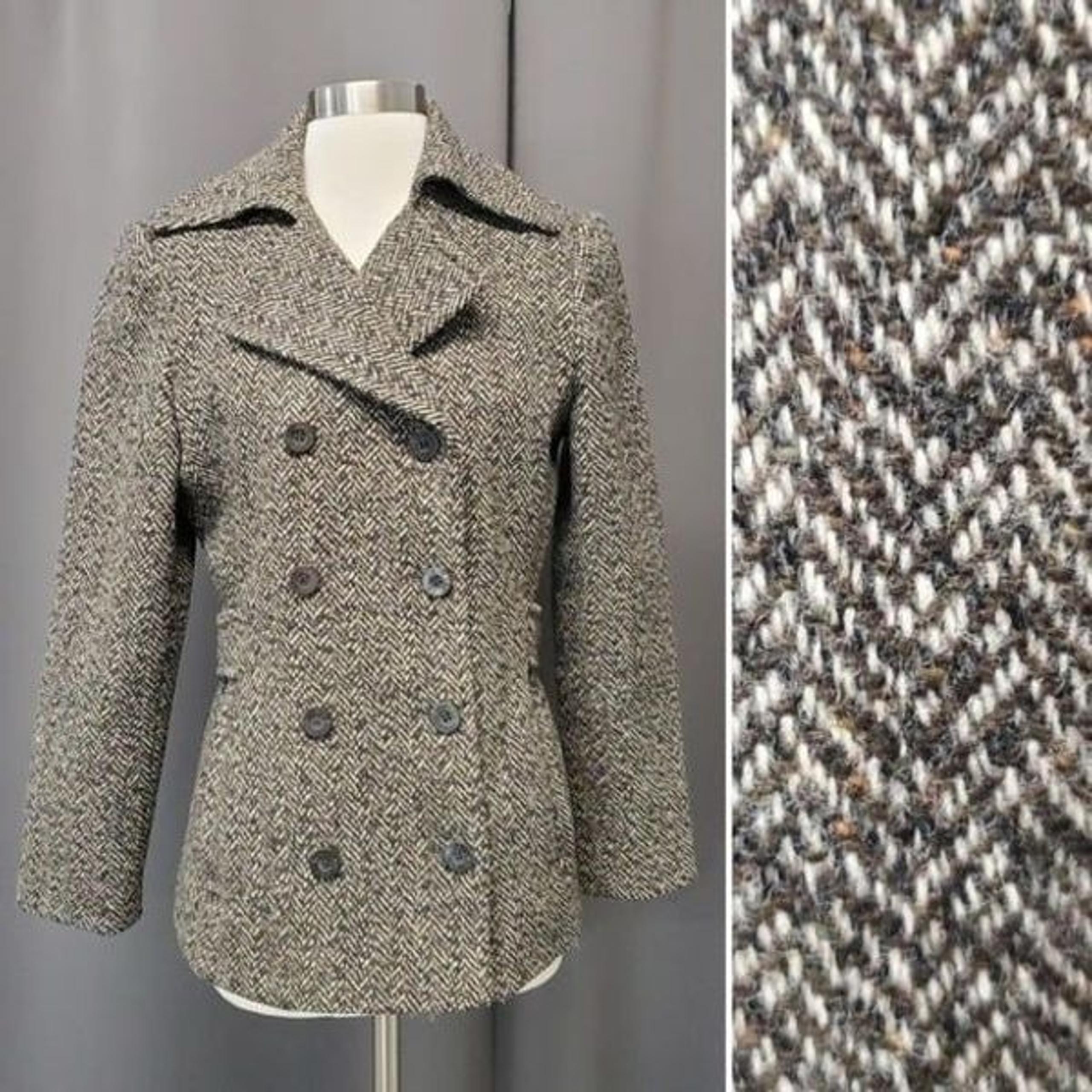 Vintage 90s y2k LEI Brown Herringbone Tweed Double Breasted Peacoat Pea Coat Md