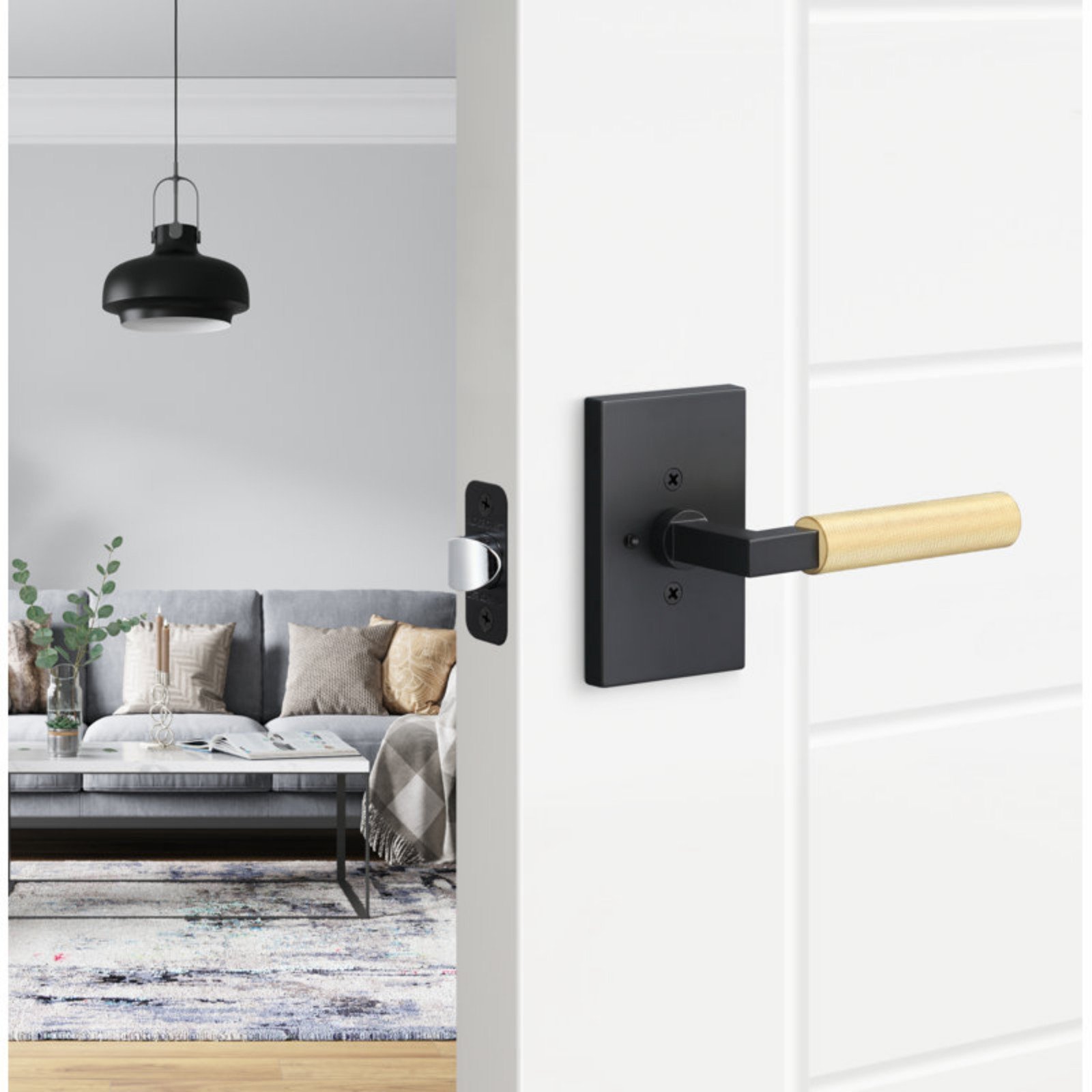 Door Lever with Levanto Privacy Rosette with Knurled Grip