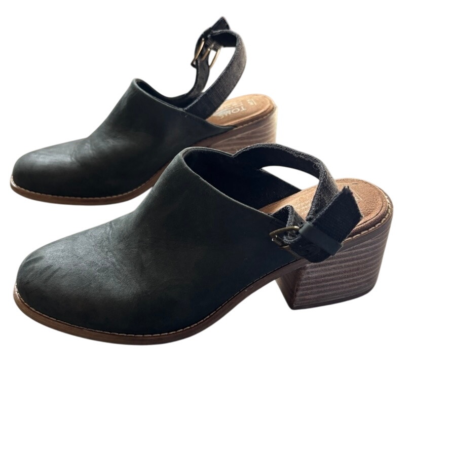 Toms Leila Slingback Heels Clogs Mule Black Leather Comfort Women's 7.5