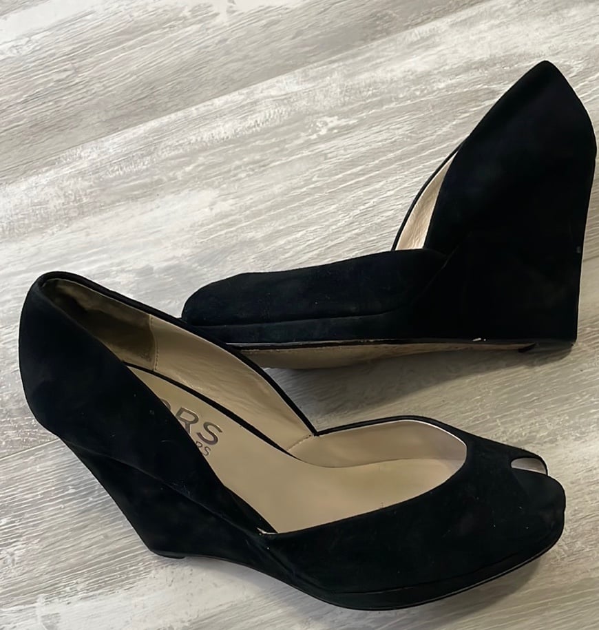 Kors Michael Kors Black Suede Peep Toe Leather Wedge Heels 9.5