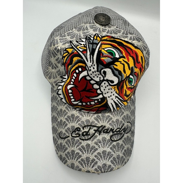 Ed Hardy Vintage Cap Trucker Hat Tiger Snapback Gray Adjustable