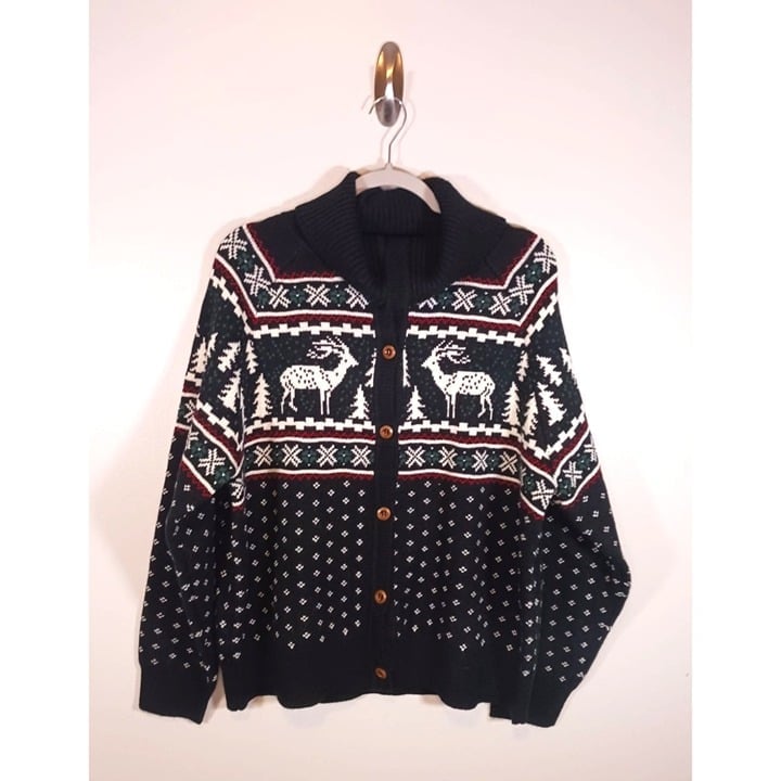 Fair Isle Reindeer Christmas Winter Eclectic Grandpa Cardigan Sweater Size L NWT